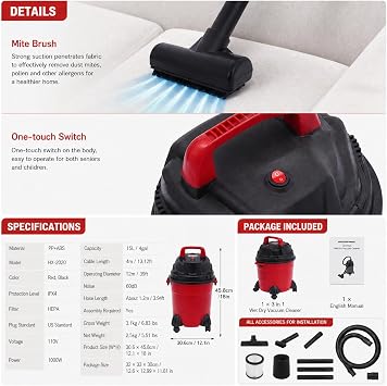 3 in 1 Wet Dry Vacuum Cleaner, 4 Gallon Wet Dry Vac, Shop Vacuum Wet and Dry with Large Capacity Dust Bin, Powerful Suction Home Cleaning for Cleaning Car, Boat, Pet Hair, Hard Floor