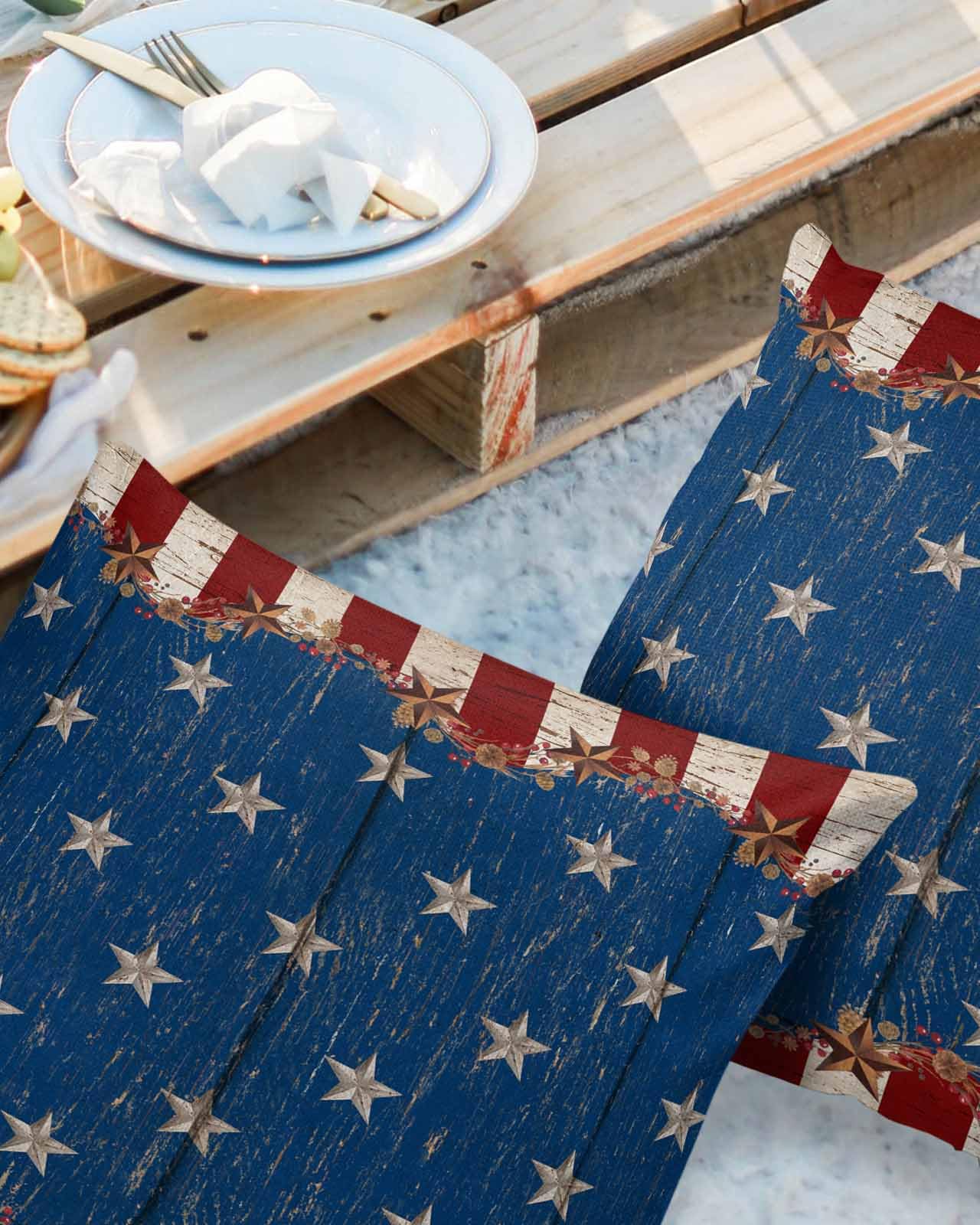 Star Stripes Flag Waterproof Outdoor Throw Pillow Covers 16''x16'' Pack 2, Pillow Cases Throw Cushion Cover with Hidden Zipper Rustic Shabby Chic Wood Grain Washable Pillowcase for Poolside Sofa