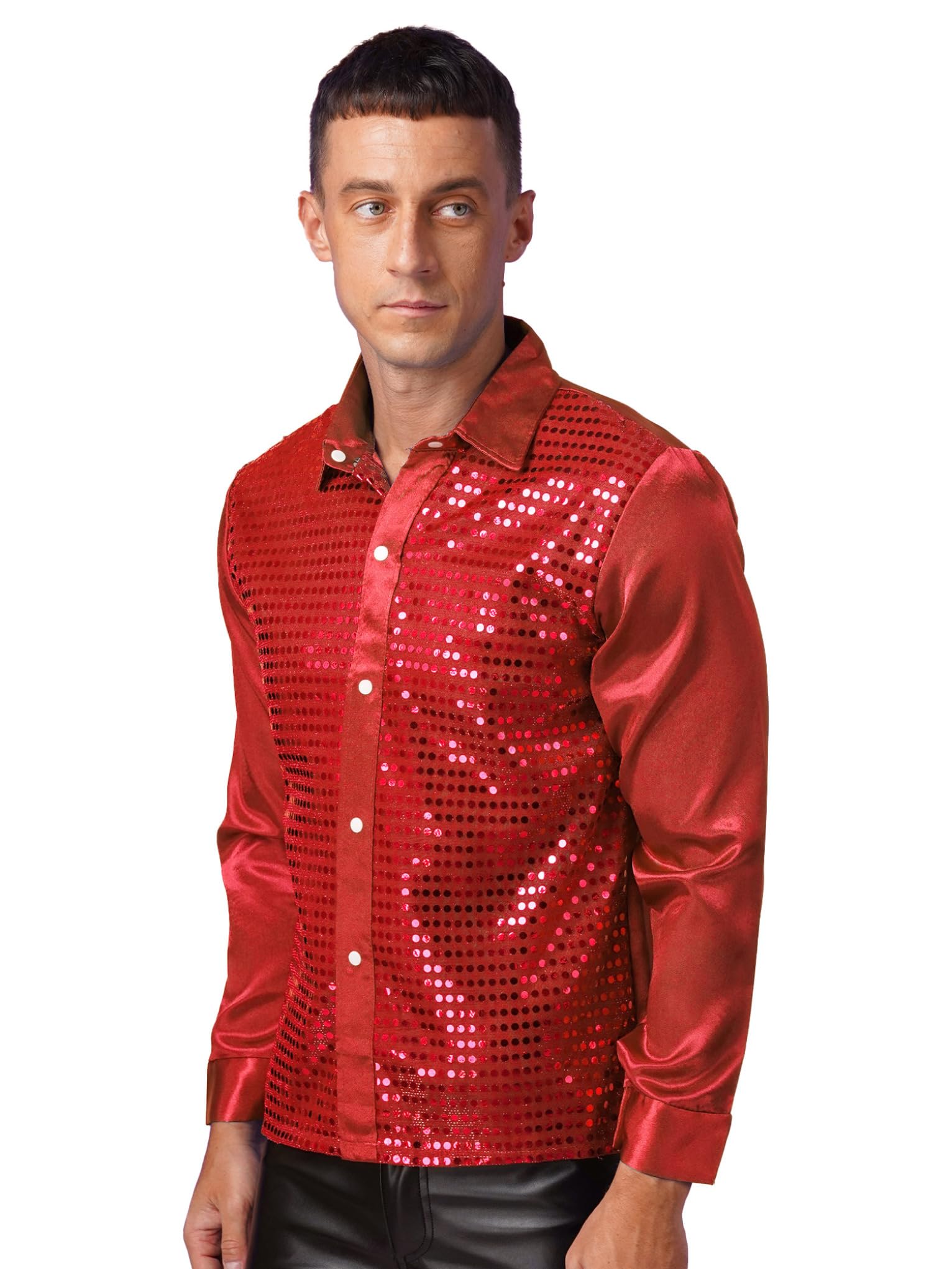 Mufeng Men's Long Sleeve Shiny Sequined Shirts Latin Jazz Dancewear Boys Stage Costumes Shirt Tops Red Small