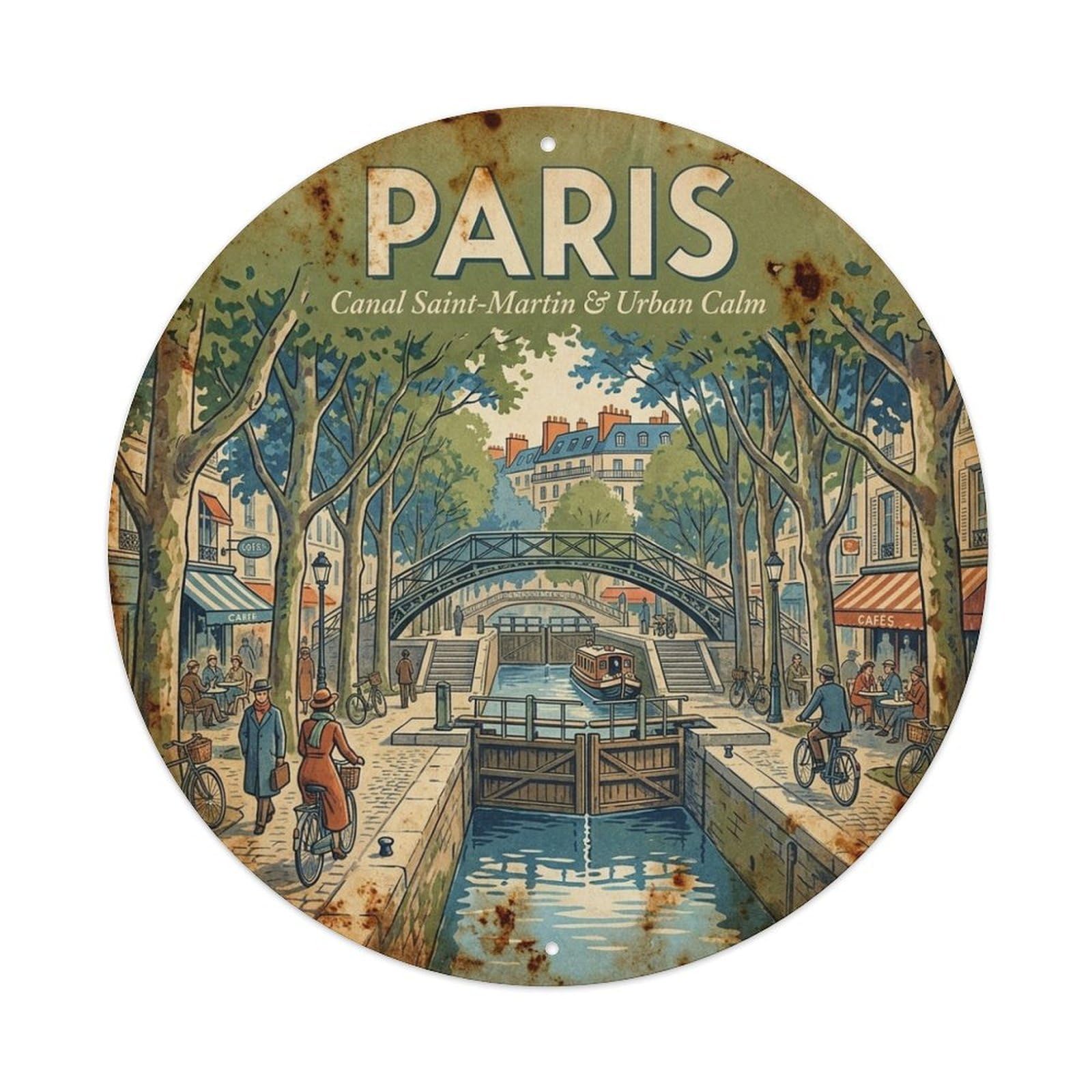Olhnbad Style Paris Coastal Route Canal Saint Martin Calm Travel Metal Tin Sign