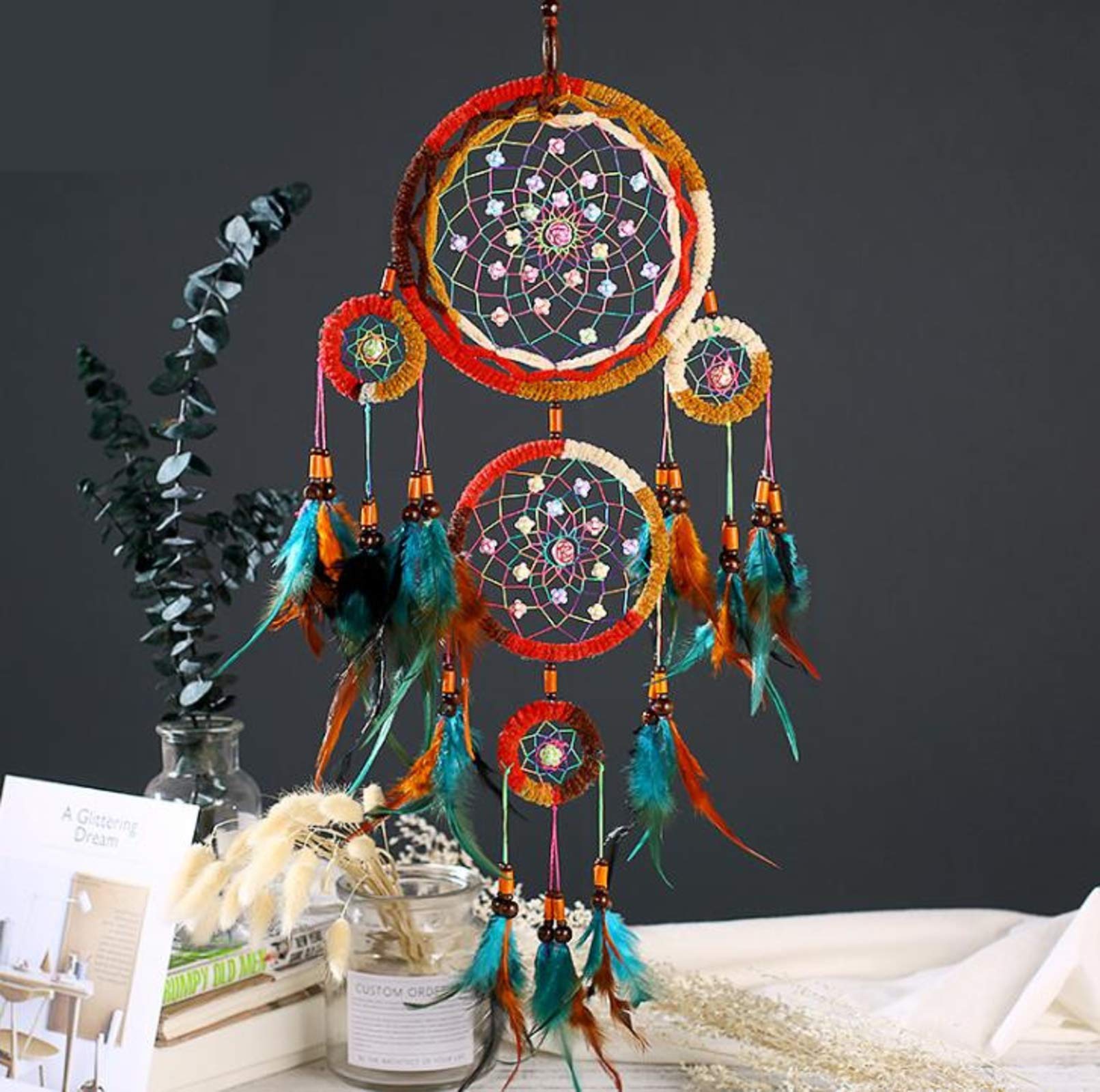 N/F Brown Feather Crafts Dream Catcher Wind Chimes Handmade Indian Dreamcatcher Net For Wall Hanging Car Home Decoration