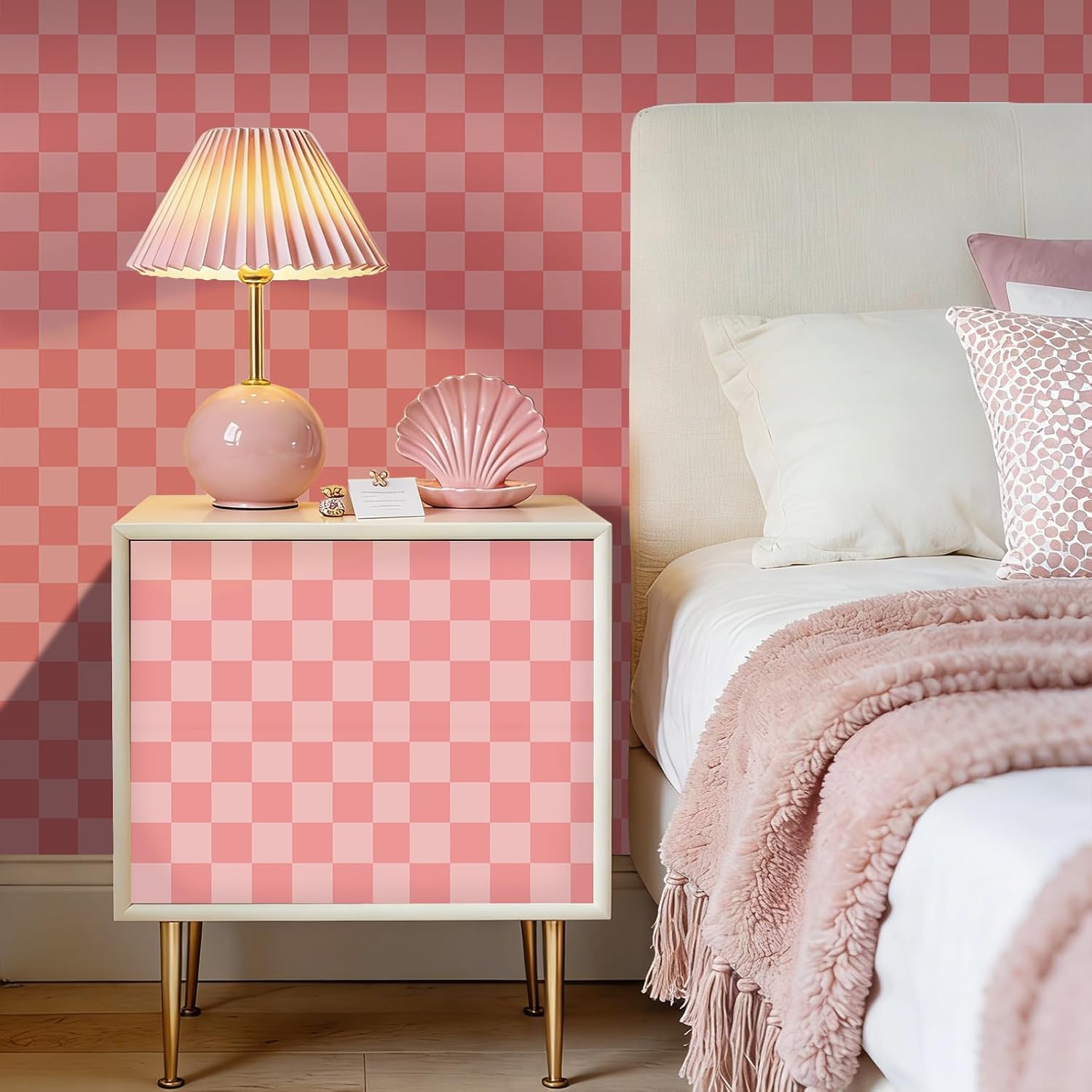 ICOOP Pink Wallpaper Retro Checkered Wallpaper Peel and Stick Girly Pink Contact Paper Cute Gingham Checkered Contact Paper for Cabeints Girls Bedroom Classroom Desk Wrap Gift Wrap Girls 17.5"x80"