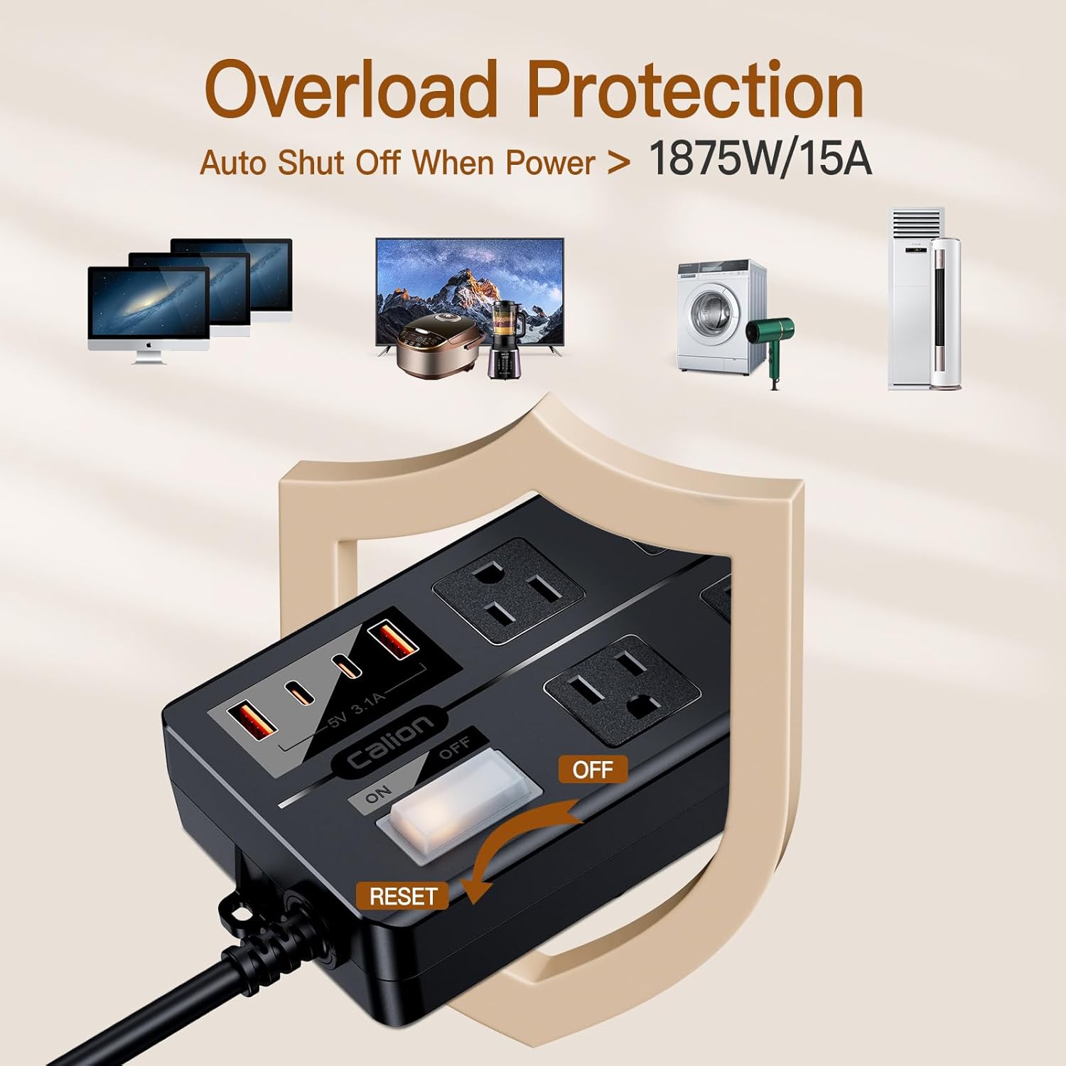 6FT Outdoor Waterproof Power Strip Surge Protector with 6AC Outlets 4USB Ports Power Switch Safety Lock, ETL Certified for Patio Garden Charging