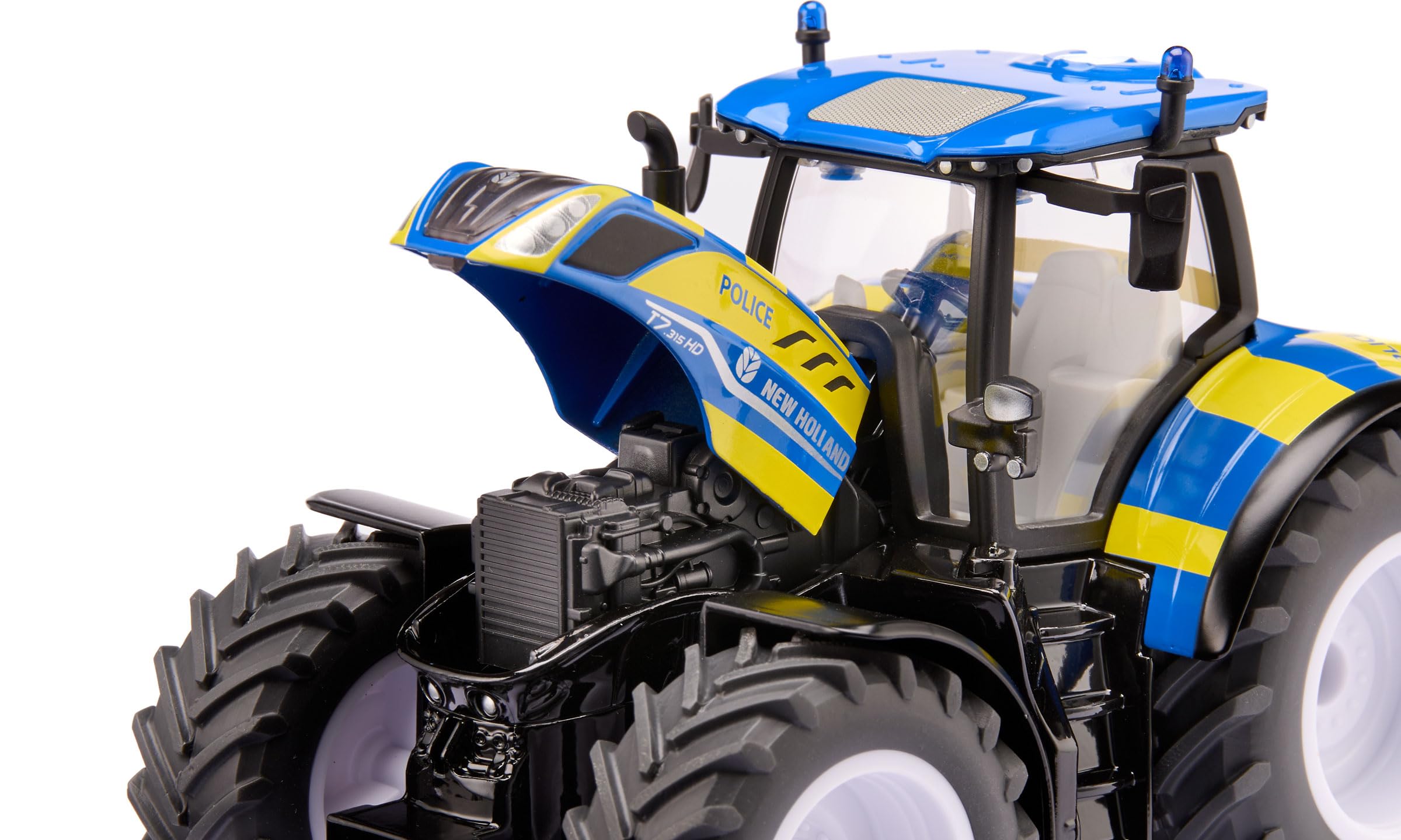 Siku 3297 New Holland T7.315 HD Polizei-Traktor, 1:32, Mit öffenbarer Motorhaube, Frontgewicht, Abnehmbare Kabine, Metall-Karosserie, Blau-Gelb, Spezialfahrzeug