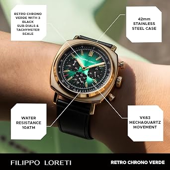 FILIPPO LORETI Retro Chrono - Men's Racing Watch, 100M, Watch for Men - 42mm Stainless Steel Case - Gift for Men, Italian-Inspired