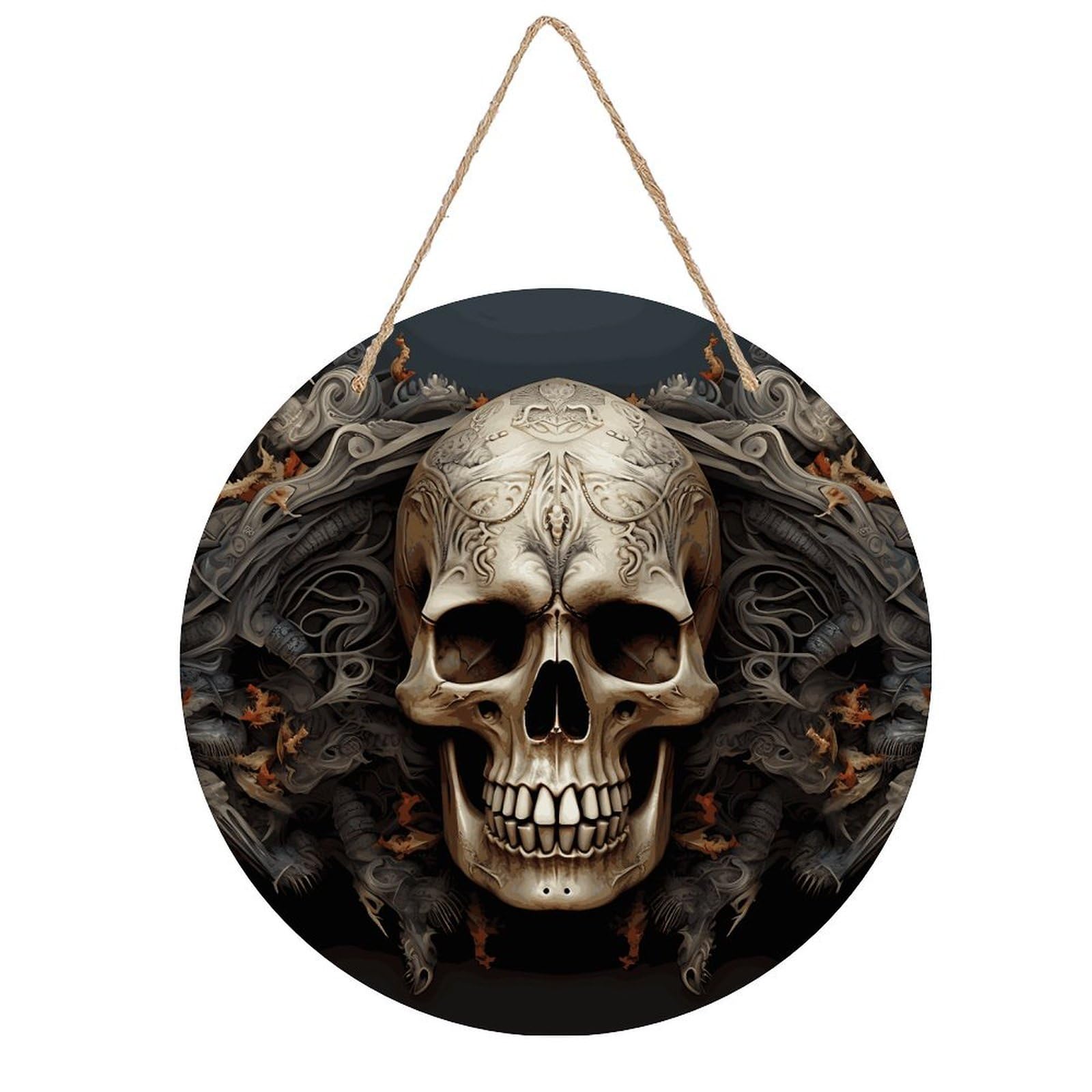 FekiLoot Skulls Wall Art Decor Rustic Vintage Hanging Wall Sign Aesthetic Welcome Door Sign with Rope, Round Wood Walls Decoration Picture for Home Front Door 7.9x7.9 in