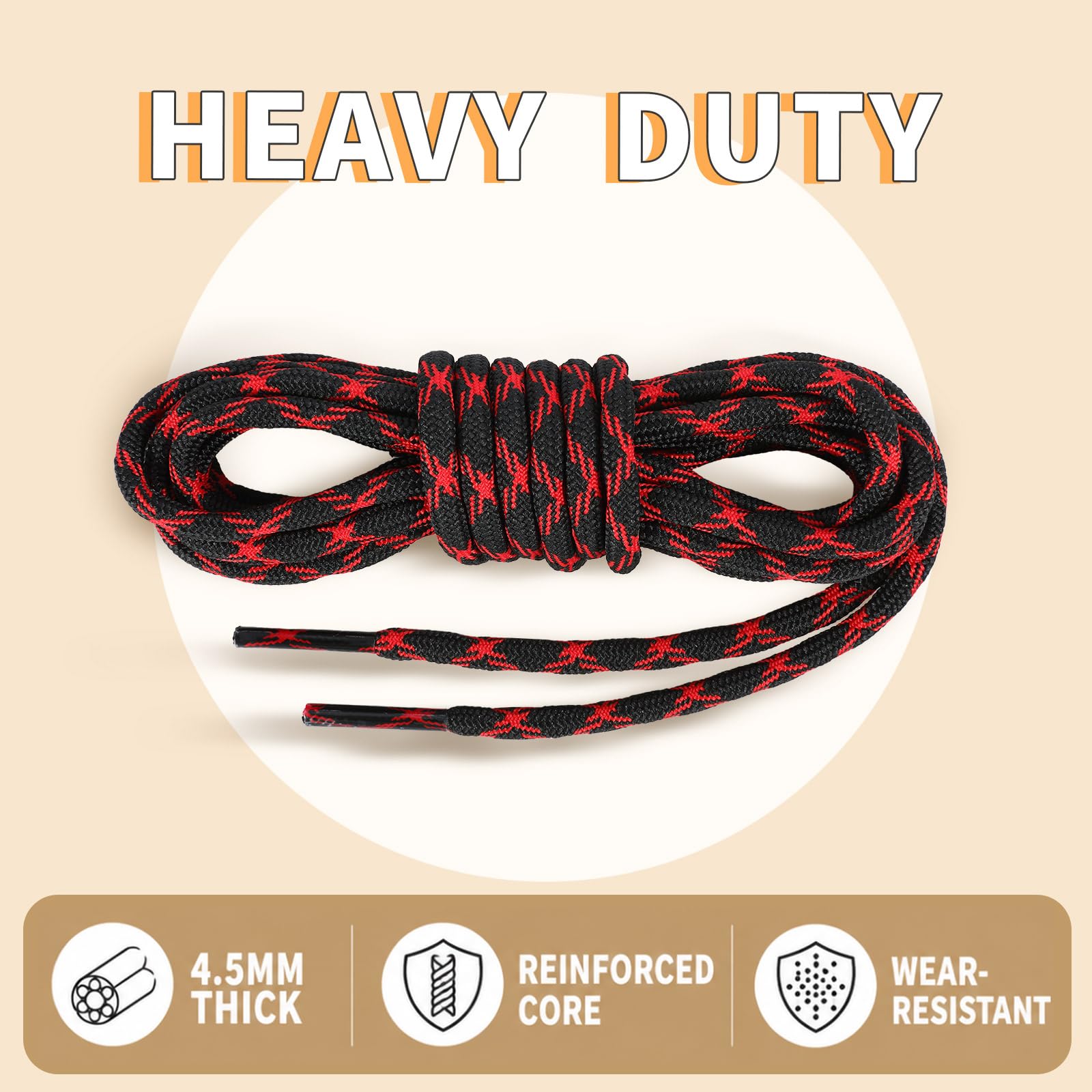 Stepace Wave Heavy Duty Boot Laces Round Shoe Laces Black Red-120