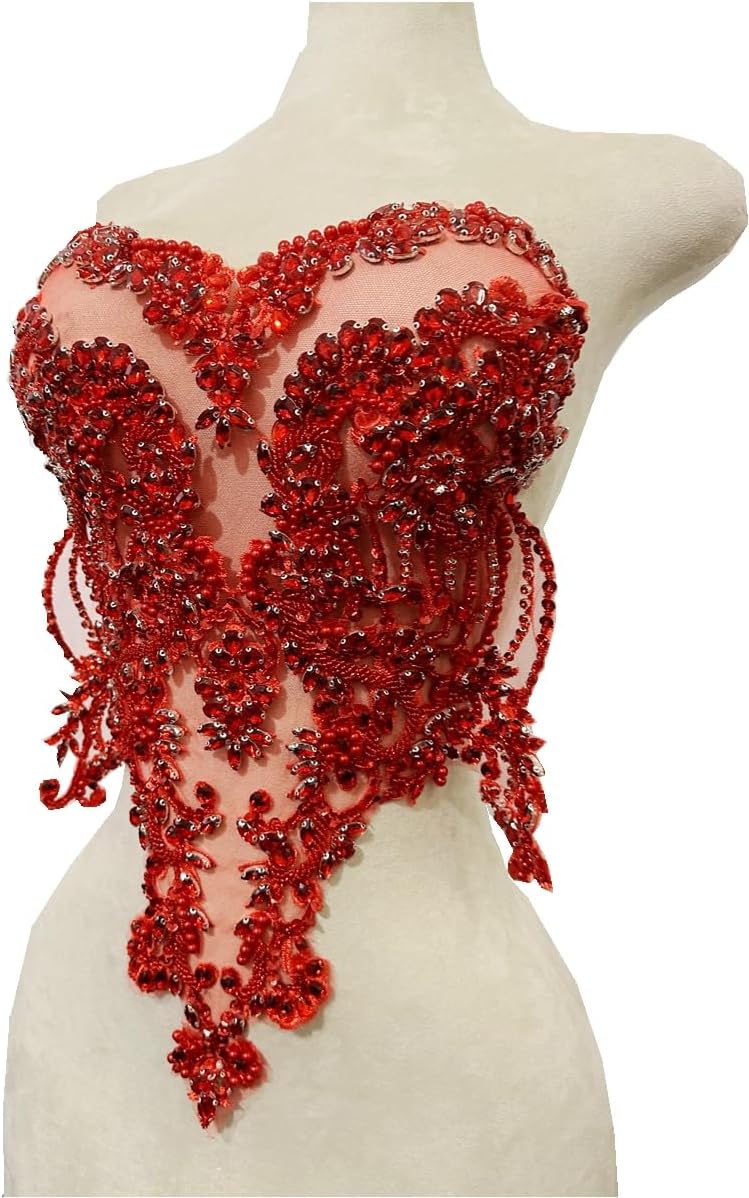 Handmade red/Blue/Gold/Green Rhinestones lace Bodice Applique Sewing Beads Crystal Trim Patches Accessory for Dress Clothes (Red)
