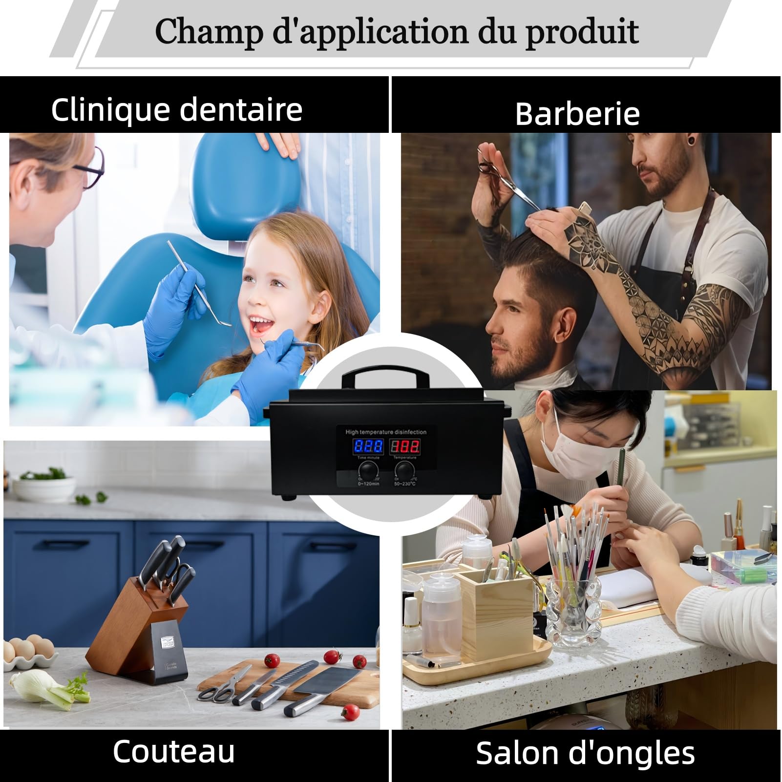 Stérilisateur haute température ongles outil stérilisateur avec timer pour cosmétiques, Footspflegestudios, salon de coiffure noir (Noir)