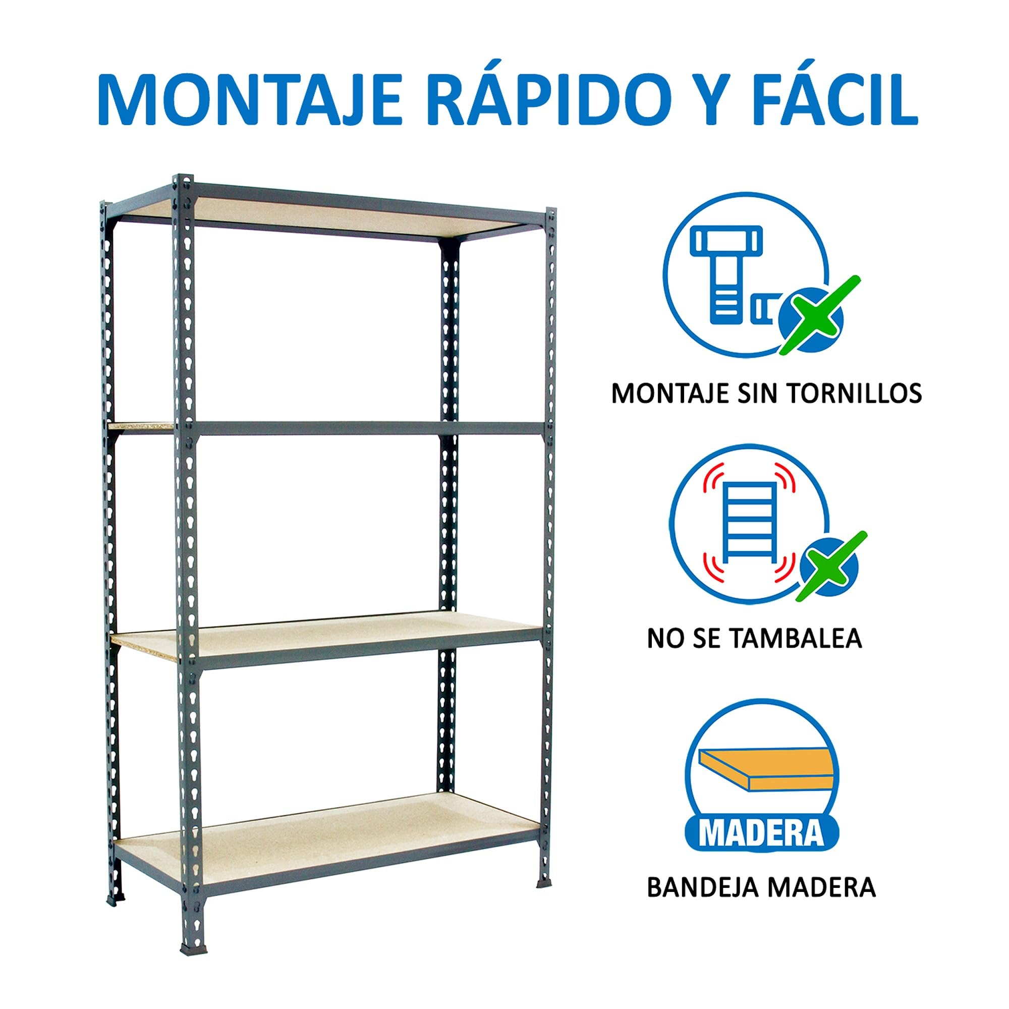 Simon Rack Regał metalowy z półkami z płyty MDF 1500x800x500 mm, 4 półek, nośność 150 kg na półkę, regał magazynowy i garażowy, stabilna konstrukcja, kolor Szary/Drewno – Simon Classic