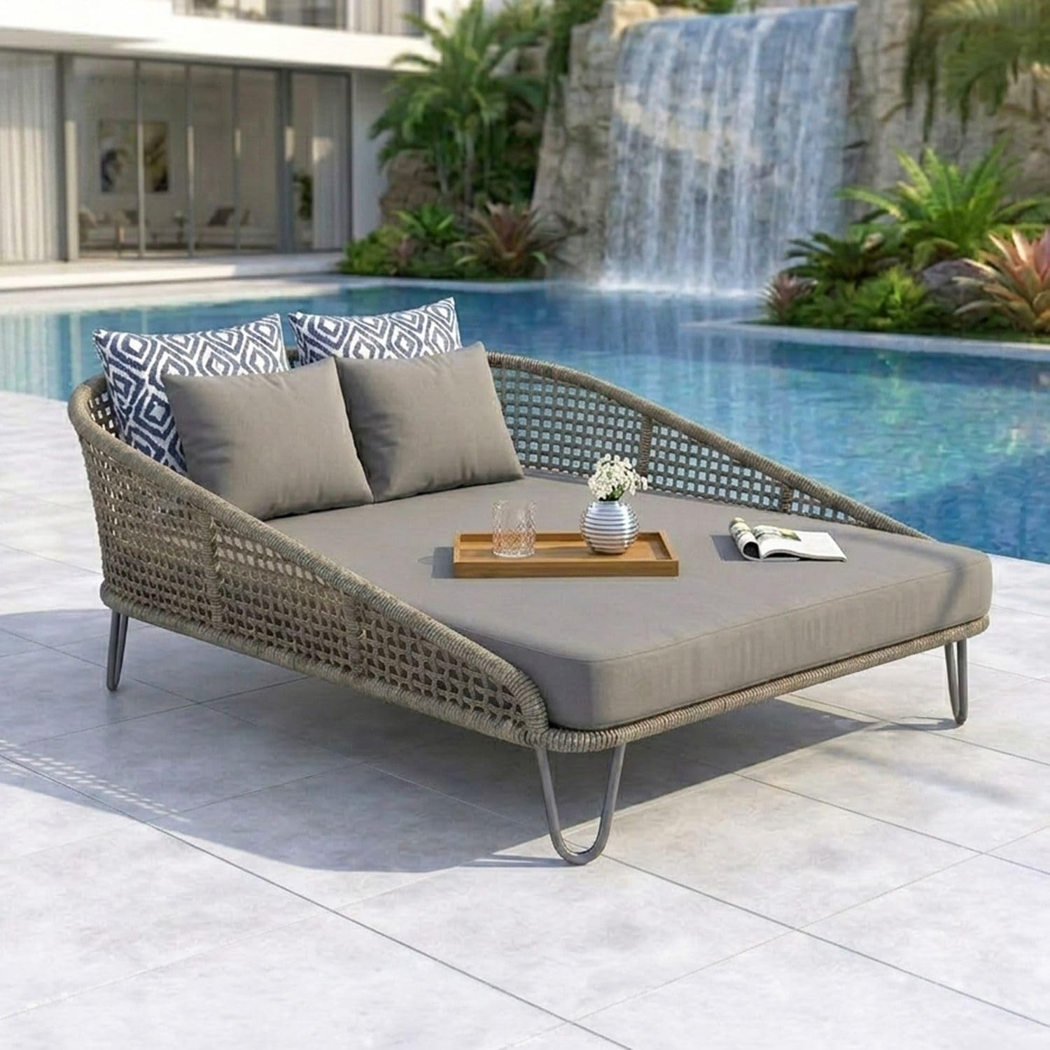 DEVOKO Metal Outdoor Pool Side, Garden, Balcony, Porch, Backyard, Terrace, Patio, Beach, Round 2 Seater Sofa Rope Unique Design Daybed Furniture Set (Grey)