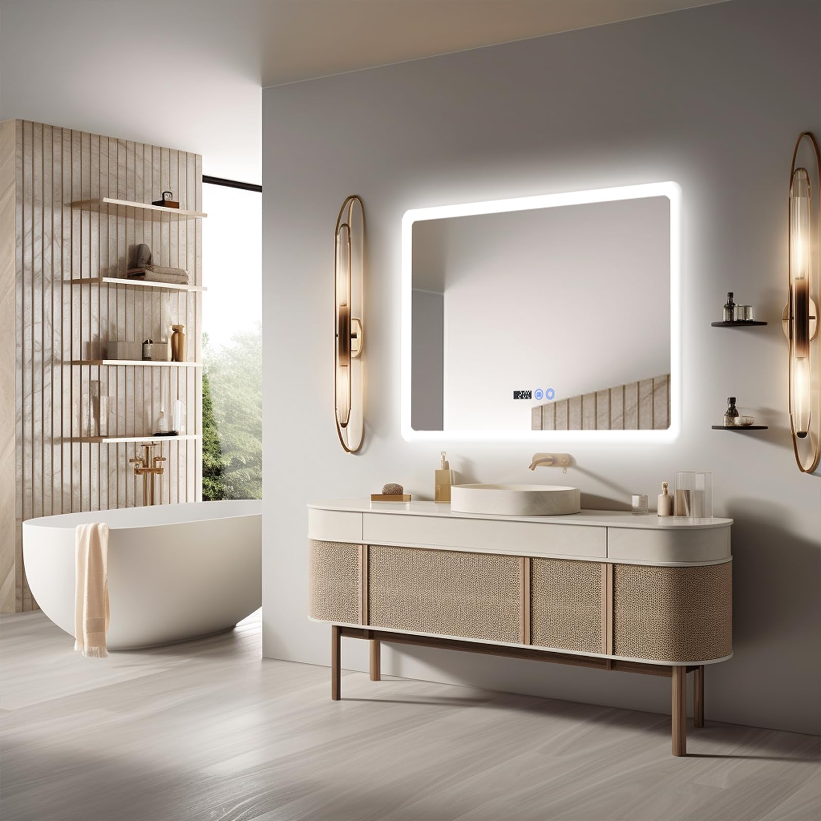 YOURLITE Miroir Salle de Bain LED 80x60 cm Dimmable 3 Couleurs Antibuée Affichage Horloge Température IP44 Blanc