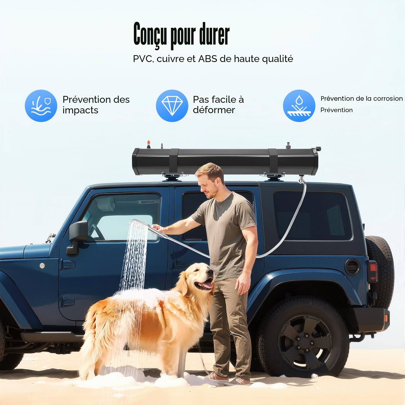Douche d'extérieur de voiture avec réservoir de douche solaire de 30 l et pompe à pression (1,6 bar) – Douche d'eau chaude mobile pour camping, surf, plage – Montage facile sur le toit pour