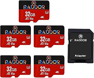 R Raddor SD Card 32GB 5 Pack with UHS-I L, U3, V30, A1, Class10, high Speed R/S 100MB/s W/S 70MB/s TF Card 4k Recording Memory Card with Adapter