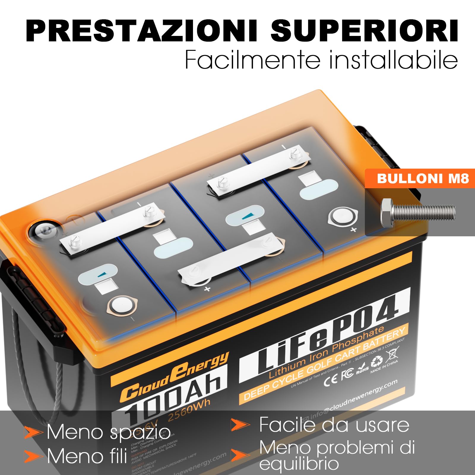 Cloudenergy 25,6 Volt 100Ah LiFePO4 Batteria al litio ferro fosfato con capacità di 2560 Wh, BMS Bluetooth da 100Ah con touchscreen e oltre 6000 cicli per camper, barche e campeggi.