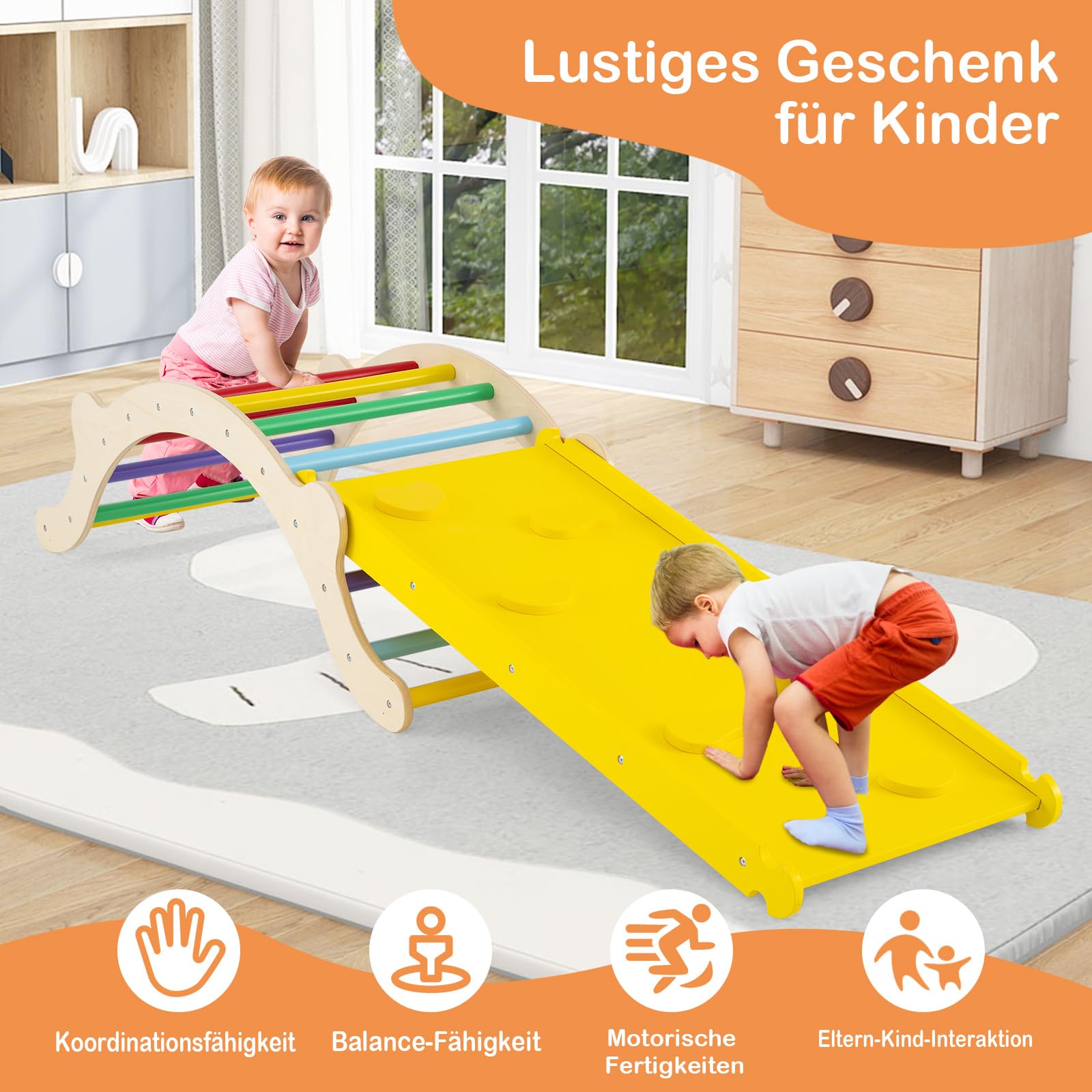 COSTWAY Klimboog, met afneembare zitting, 4-in-1 klimrek voor binnen, om te wippen, schommelen, klimmen en kruipen, houten klimdriehoek, boogwip voor kinderen vanaf 1 jaar, zithoogte 23,5 cm