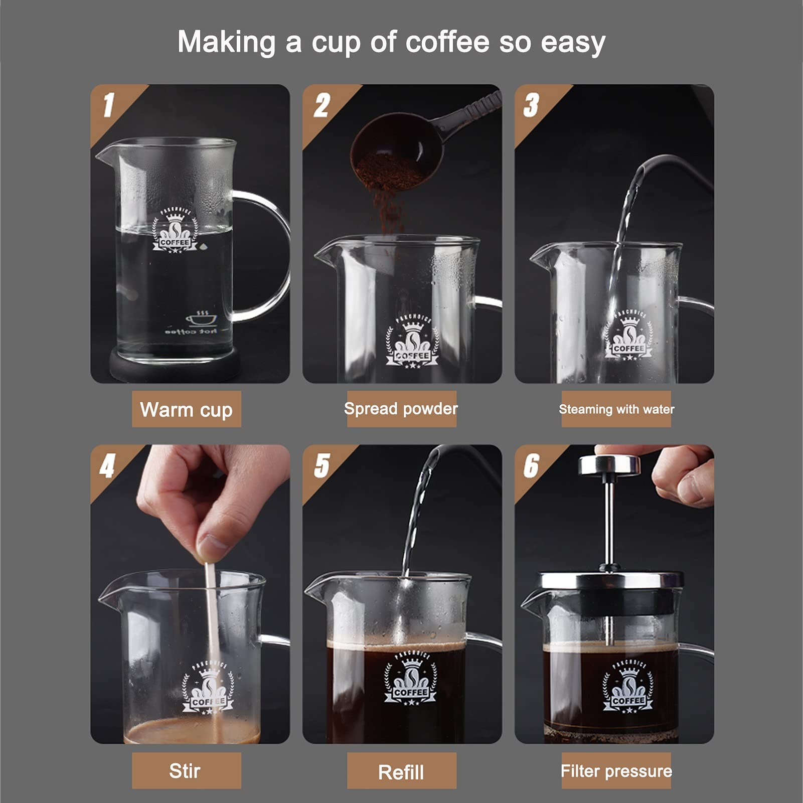 Cafetera Émbolo,French Press De Acero Inoxidable 304 Con Pantalla De 3 Filtros,Jarra De Vidrio De Borosilicato Resistente Al Calor Cafetera De Piston,Ideal Para Preparar Su Taza De Café O Té Favorita