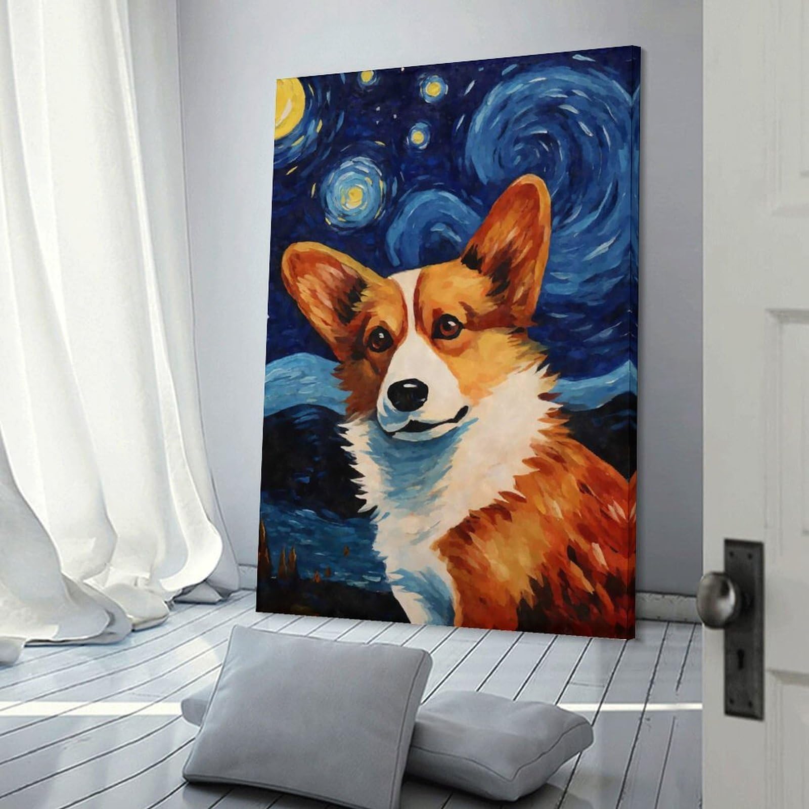 Junmoney Frame-Style-10 Decorative Wall Artwork Welsh Corgi Starry Night, 20X30inch(50X75cm), For Sofa Walls, Lounge Or Home Corners, Modern Wall Decor For Cosy Interiors