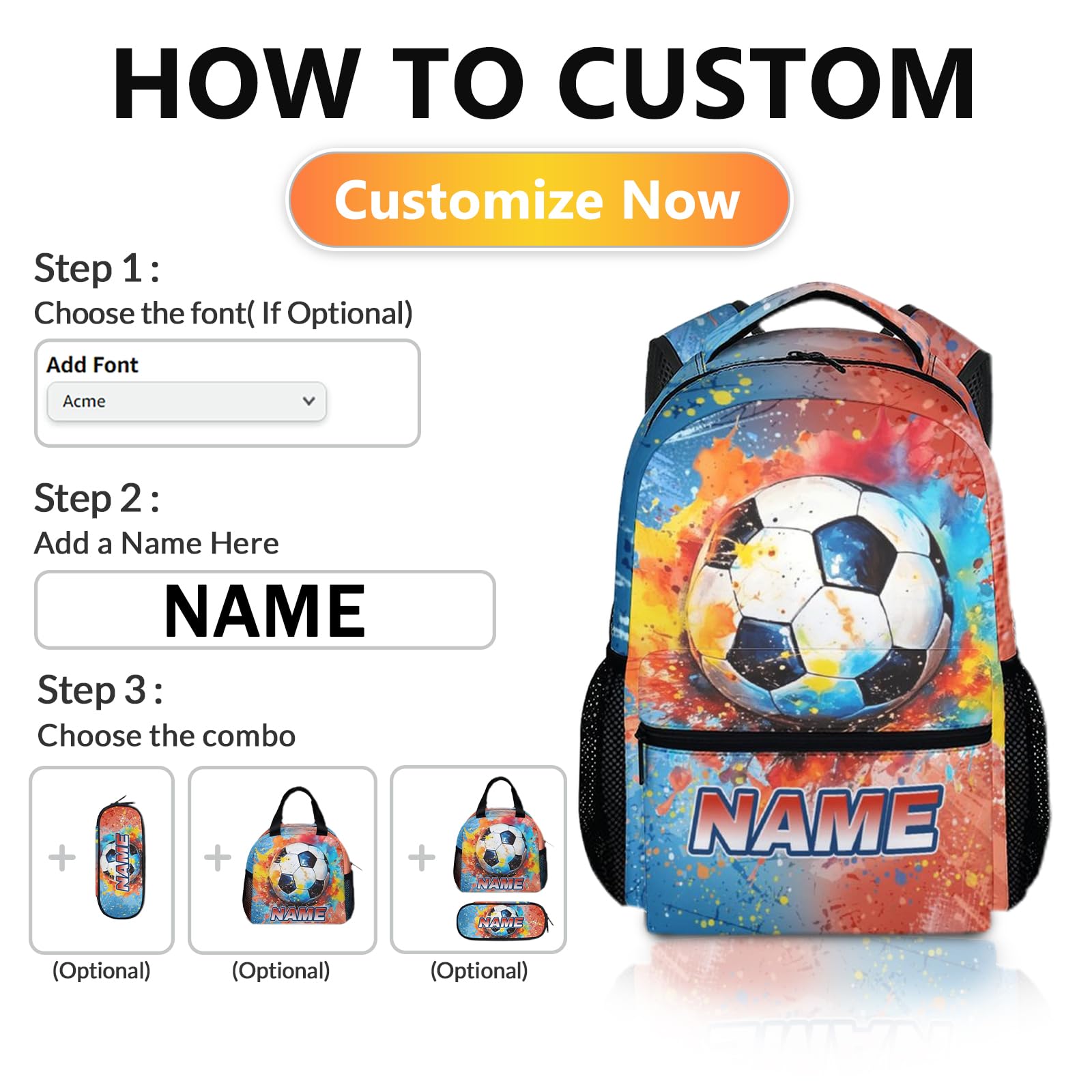 KAXVZER School Backpacks for Kids 6-8, Personalized Soccer Backpack for Boys Girls Children Teens, 17'' Large Capacity Sports Bookbag Supplies for Elementary Preschool, Back to School Gifts