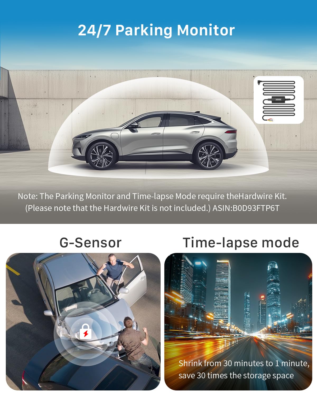 KAWA Dash Cam Auto - Display Trasparente con Controllo Vocale, 2K1296P Piccola Telecamera,Visione Notturna, 145° FOV, Supercondensatore, Include SD 32GB, Sensore G, Controllo App
