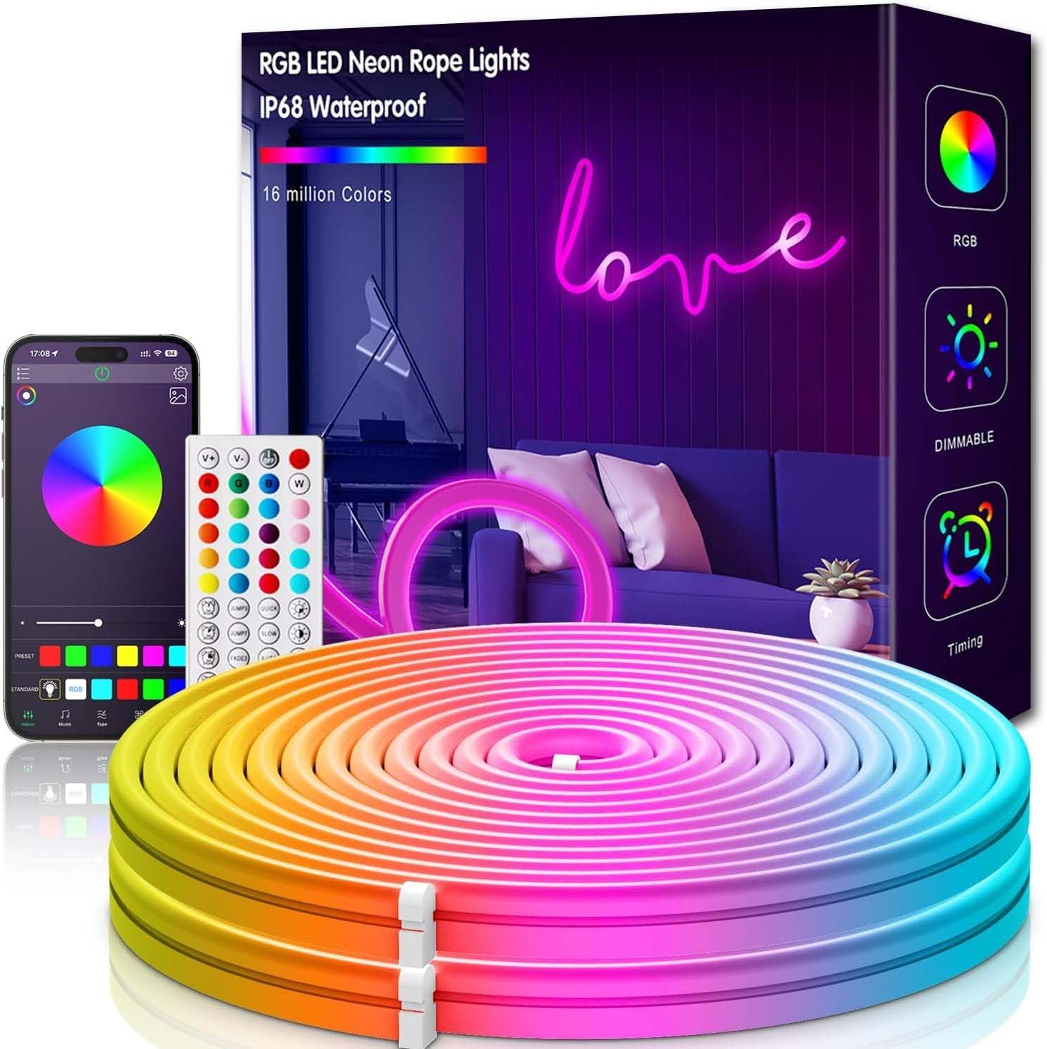 Neon Strip Lights, 32.8ft/10m LED Neon Rope Lights with Remote APP Control IP65 Waterproof Flexible Neon LED Strip Lights 24V RGB LED Neon Lights for Bedroom Indoors Outdoors Decor