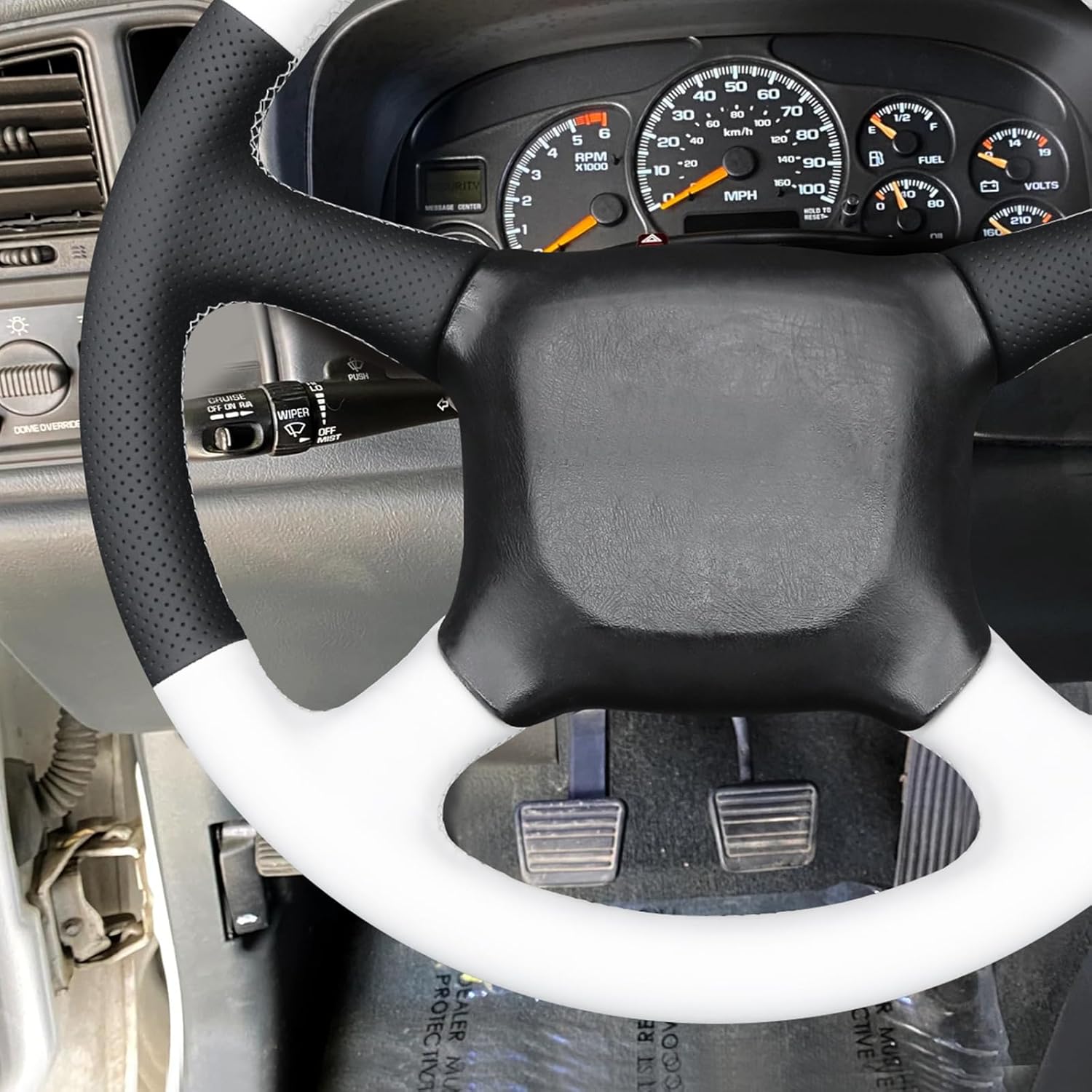 MEWANT Hand Stitch White Leather Steering Wheel Cover Wrap for Chevrolet Silverado 1500 1999-2002/Silverado 2500 1999-2002/Silverado 3500 2001-2002/Astro/Blazer/C/K 1500 Series/Kodiak/Suburban/Tahoe