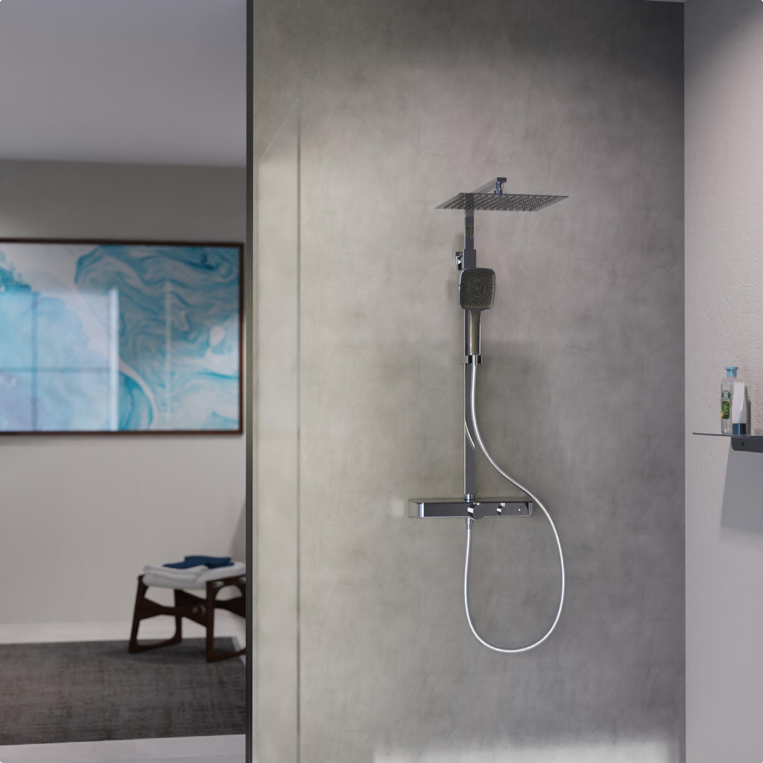 Schütte OCEAN Duschsystem mit Thermostat und Glasablage-Duschset mit 30x30cm, Regendusche mit Wandhalterung und Duschkopf-Duschpaneel Duschsäule in Chrom/Anthrazit 60531