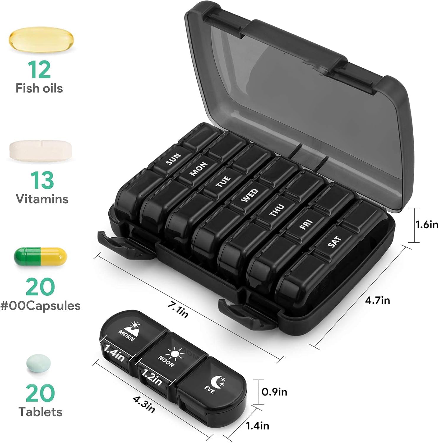 POPCUBE Weekly pill organizer - Medicine Organizer Box, portable rectangle travel pill box weekly with large compartments moisture-proof pill case for vitamin, Medicine, pills, supplements. (Black-3 compartment) 1