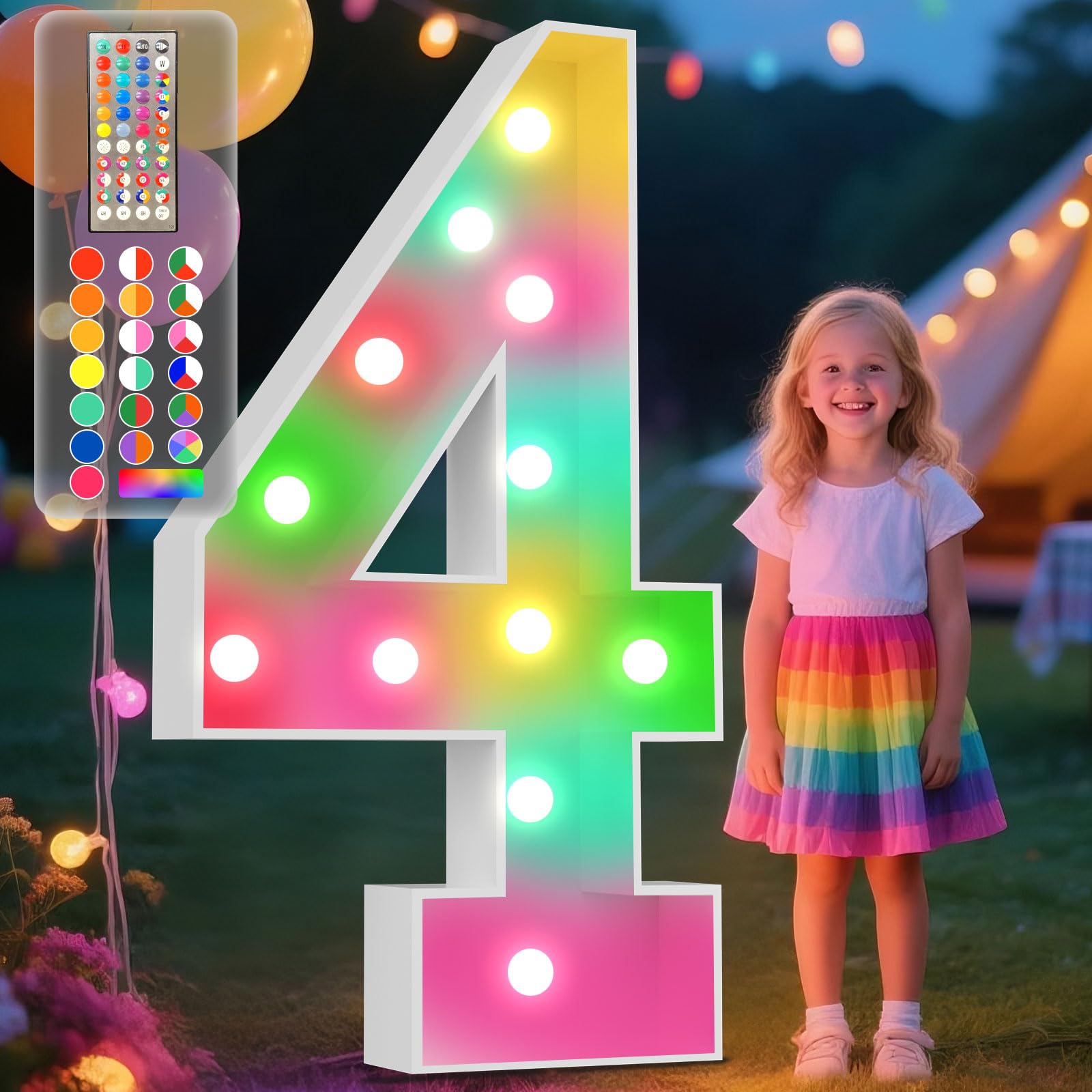 Ledido 4FT Marquee Light Up Numbers, 34 Colors Changing Marquee Numbers 4 Feet Tall with Remote, Big Numbers for Party Wedding Graduation Birthday Decoratoons, Large Light Up Number 4