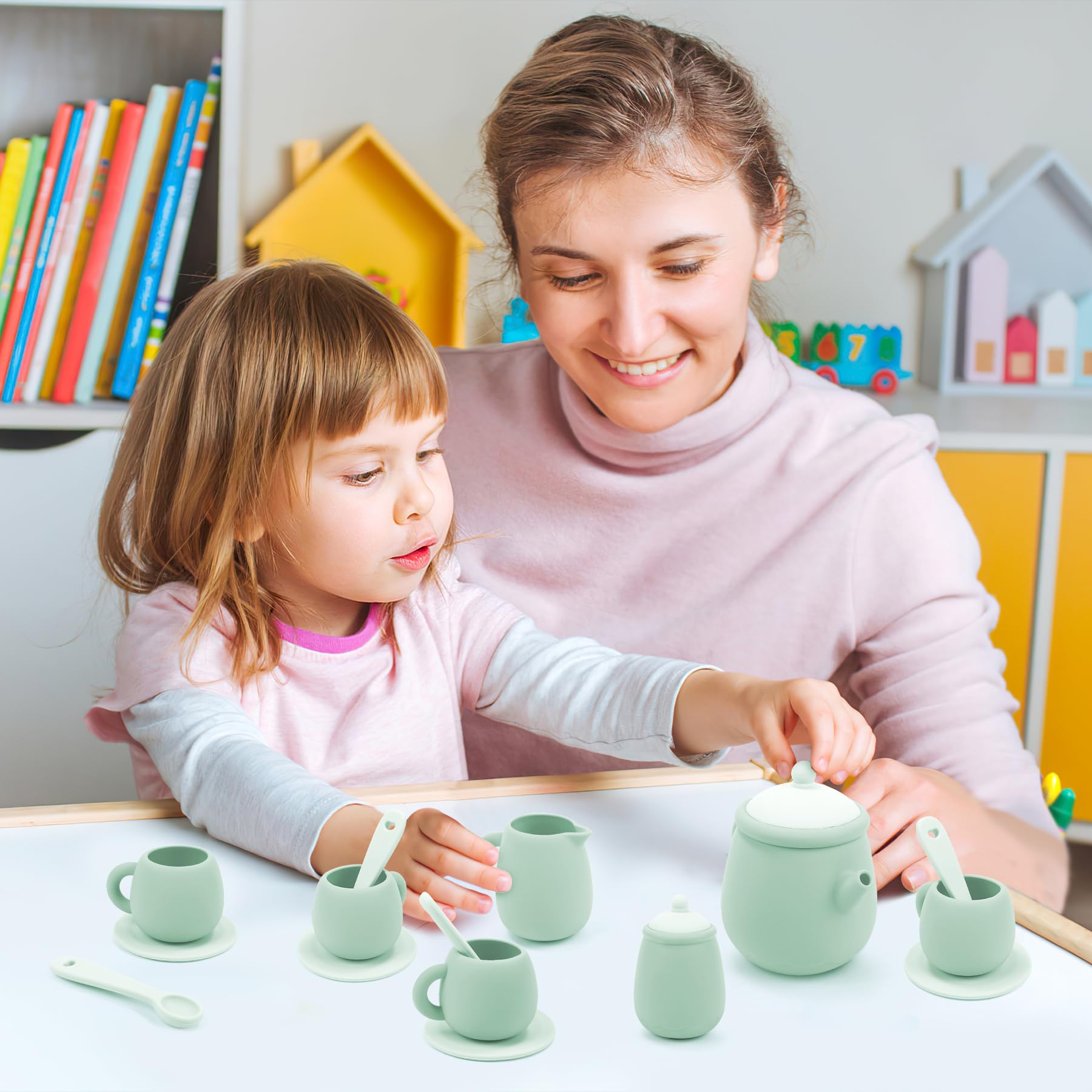 MCGMITT Service à Thé Enfant, Dinette Tea Party Jouet 15 Pcs en Silicone avec Théière et Tasses Accessoires de Cuisine Jeux d’Imitation Montessori et Jeux de Rôle Cadeau pour Filles et Garçons 3 Ans