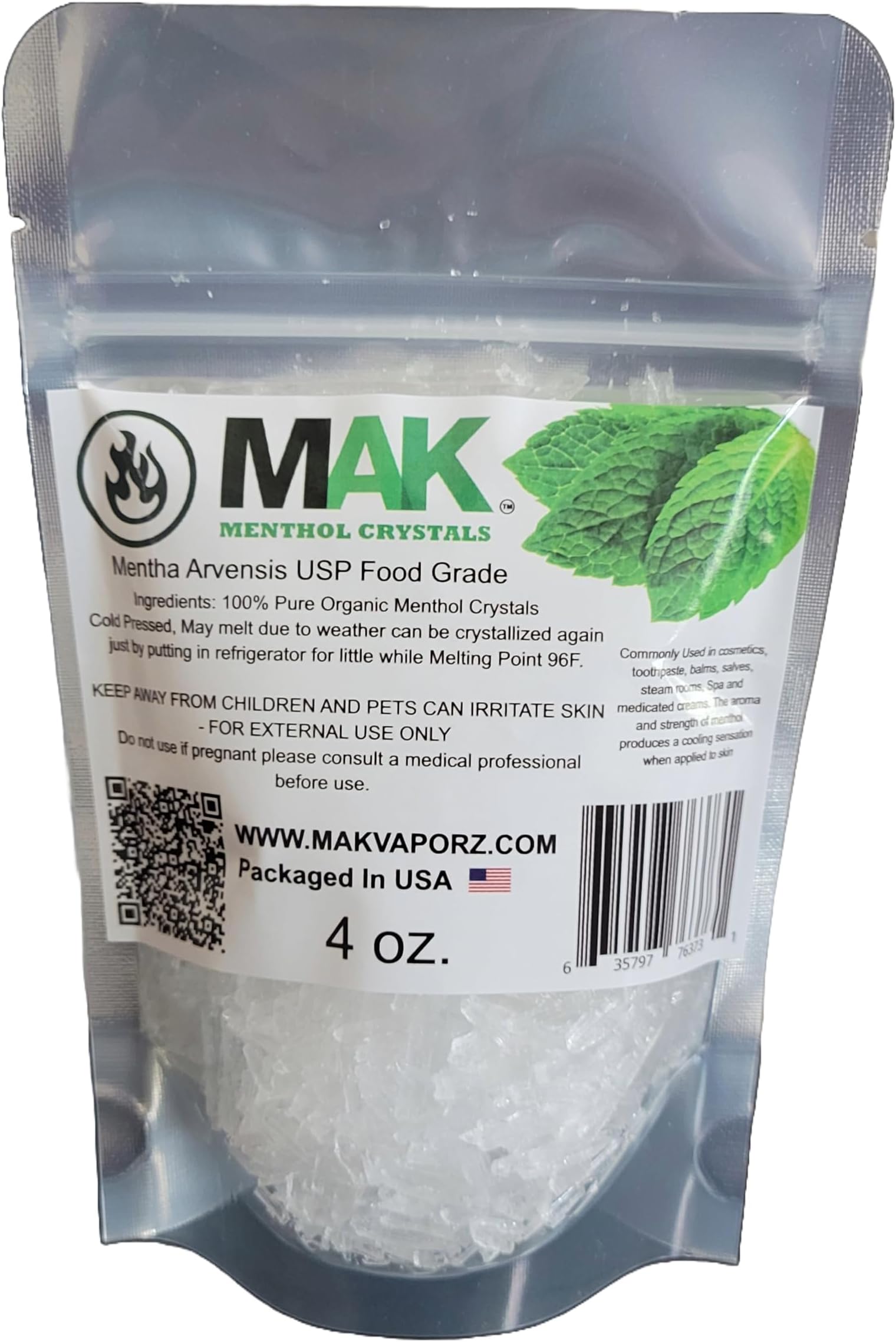 Menthol Crystal 4 oz - Pure Organic 100% Natural - Menthol Crystals from Mint Crystal Mints Mentha Arvensis - Comes in Resealable Standup Bag for Long-Lasting Freshness