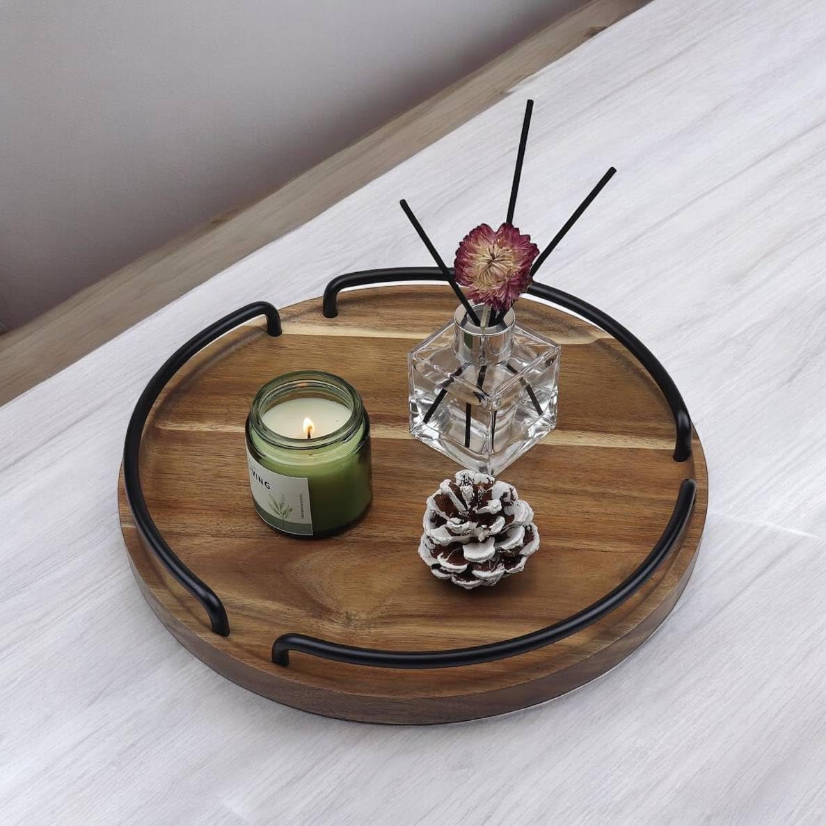 Craft Expertise Round Wooden Serving Tray with Handles, 11.5 Inches, Rustic Brown Color � Decorative Farmhouse Wood Tray for Kitchen, Coffee Table, and Food Serving 4