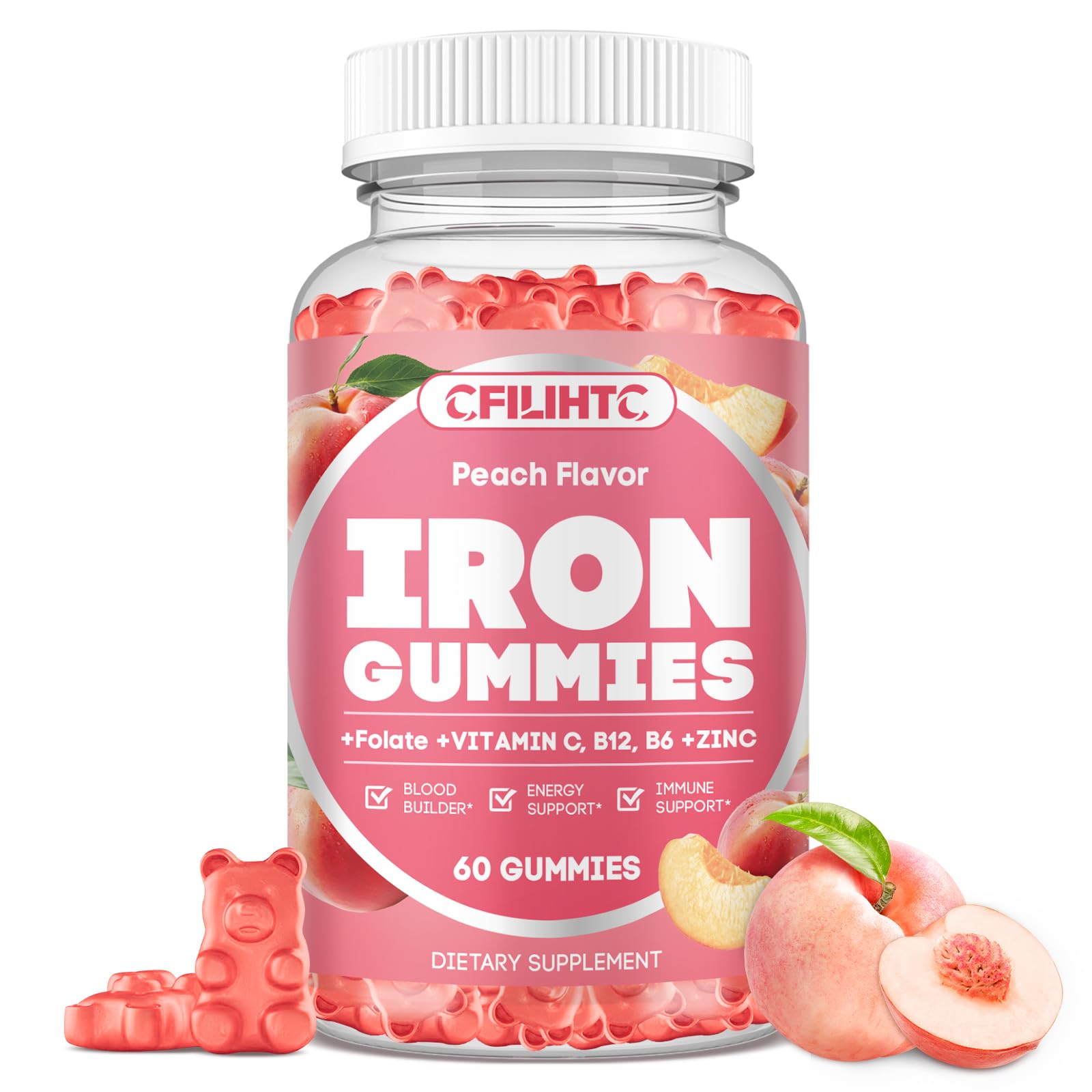 Iron Supplement for Women - Iron Gummies with Vitamin B6, B12, C, Zinc, Folate for Adults & Kids - Support Blood Builder, Iron Deficiency, Anemia, Energy Boost - Sugar Free 60ct Peach Flavor Peach 60 Count (Pack of 1)