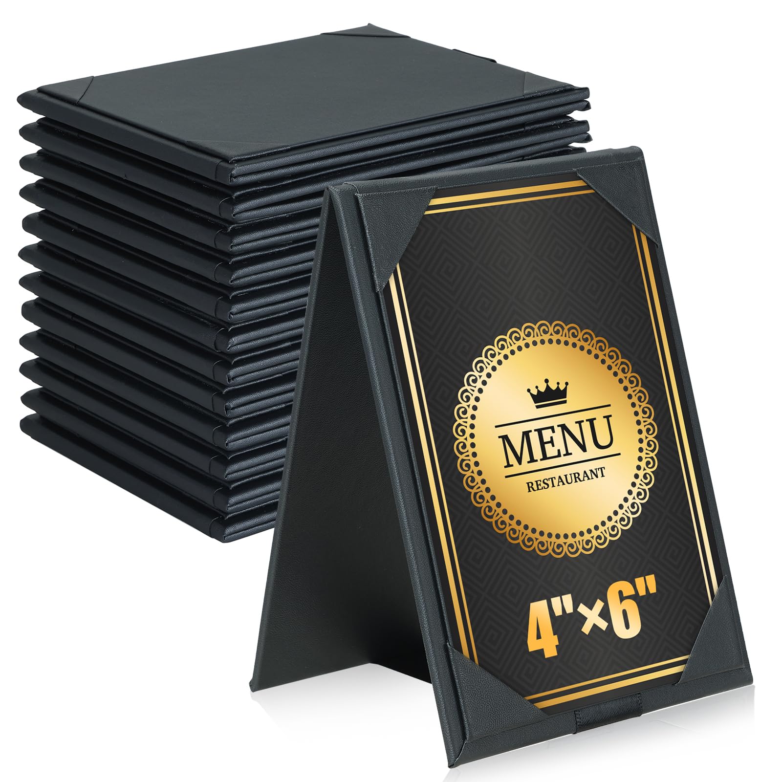 Paquete de 12 soportes de menú de doble cara de 4 x 6 pulgadas, tiendas de campaña de cuero sintético con marco en A para restaurante, bar, cafetería, boda, diseño duradero y plegable (paquete