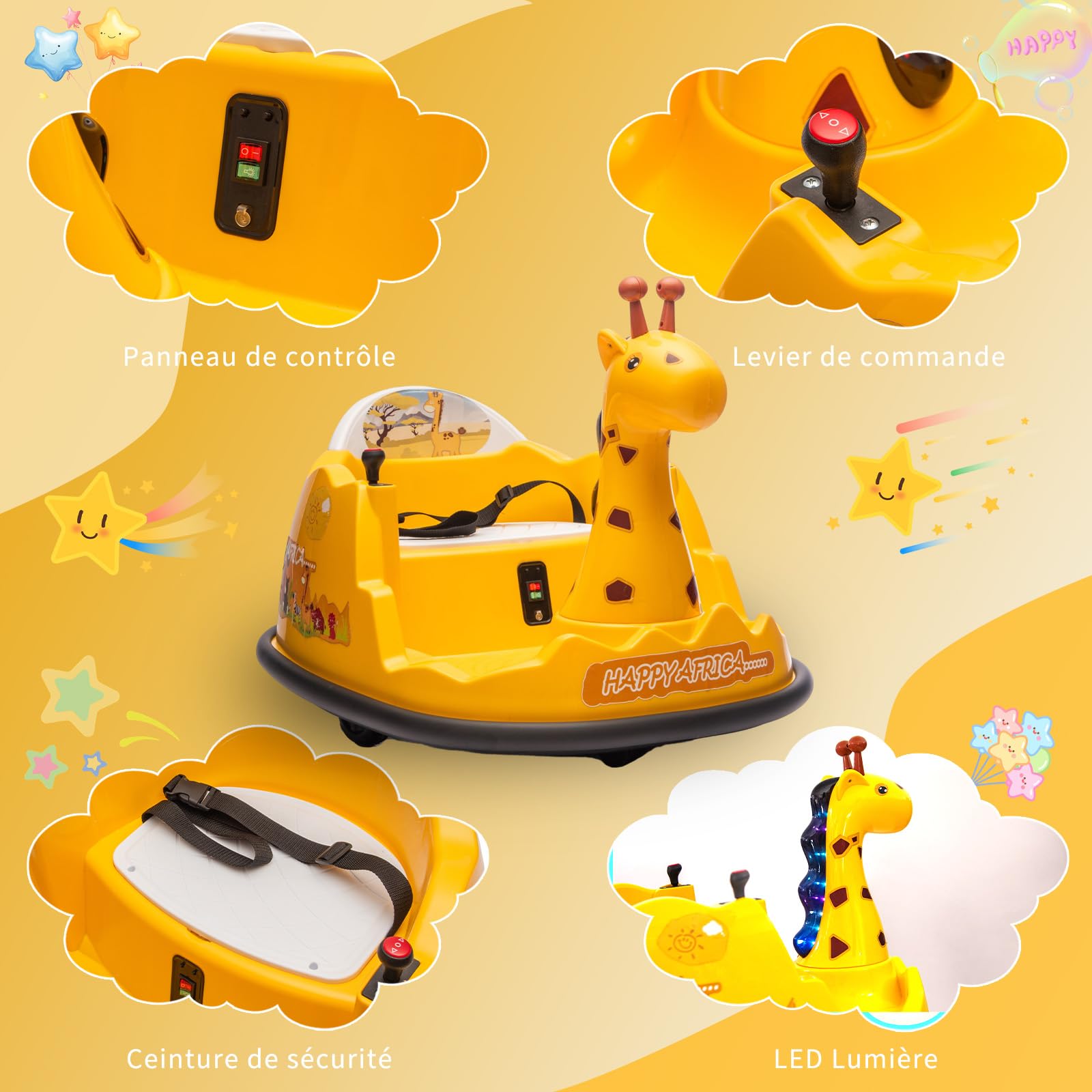 Garvee Autoscontro Elettrico per Bambini 6V Doppio Motore Design a Giraffa | Macchina Elettrica con Telecomando, Luci LED, Musica, Cintura di Sicurezza, Caricao 20 kg, per Bambini 2-5 Anni, Giallo