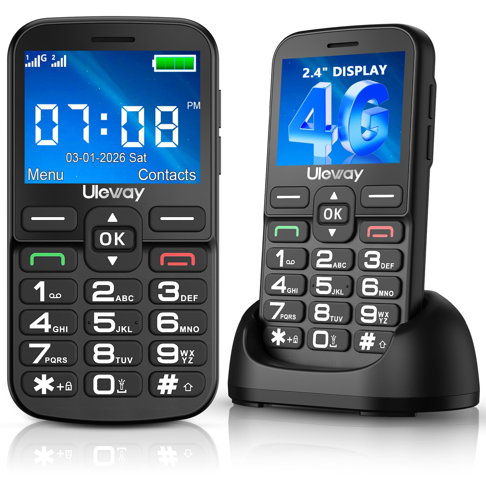 4G Seniorenhandy Ohne Vertrag mit Groüe Tasten | Großes 2,4-Zoll-IPS-Display | Dual Nano SIM Senioren Rentner Handy mit Notruftaste | Typ-C-Kabel | Hörgeräte Kompatibel | Tastenhandy mit Ladestation