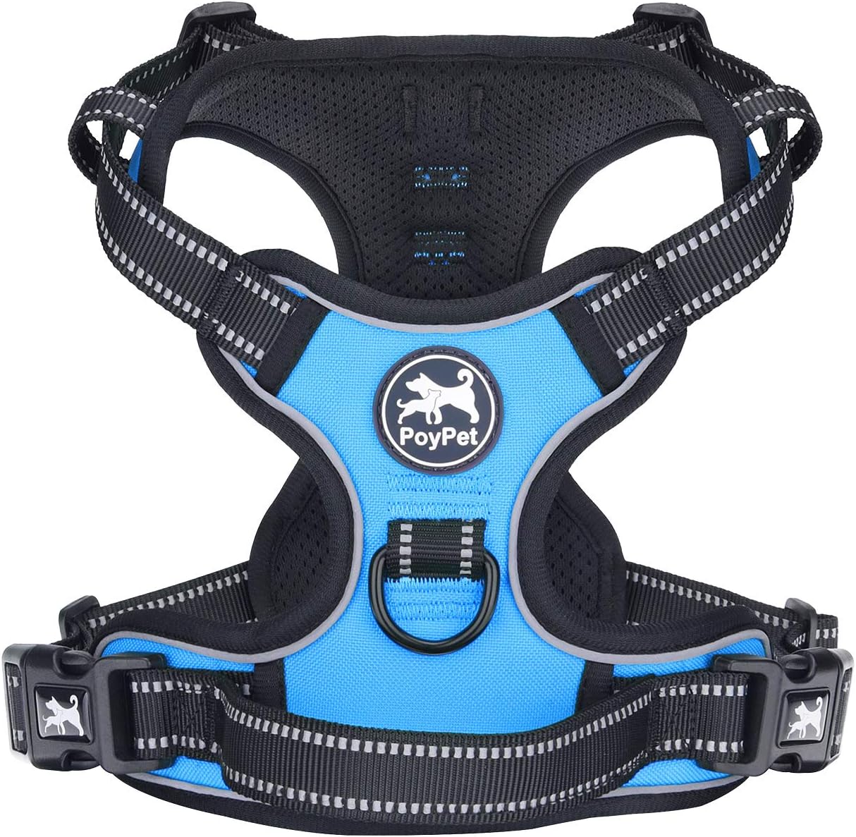 PoyPet No Pull Dog Harness, Reflective Vest Harness with 2 Leash Attachments and Easy Control Handle for Small Medium Large Dog(Blue,L)