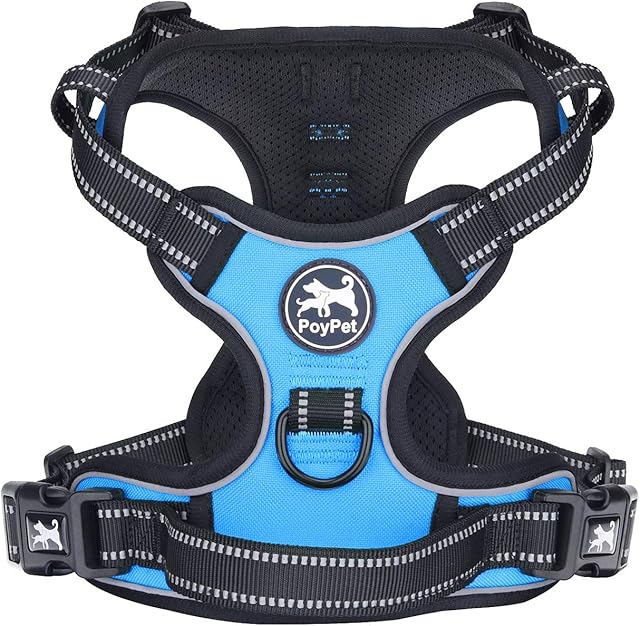 PoyPet No Pull Dog Harness, Reflective Vest Harness with 2 Leash Attachments and Easy Control Handle for Small Medium Large Dog(Blue,M)