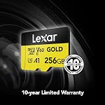 Lexar 256GB Professional Gold Micro SD Carte, UHS-II, C10, U3, V60, A1, Complet HD, 4K, Jusqu'à 280/180 Mo/s microSDXC Carte mémoire, pour Drones, Caméras d'action, Appareils de jeux portables (LMSGOLD256G-BNNNG)