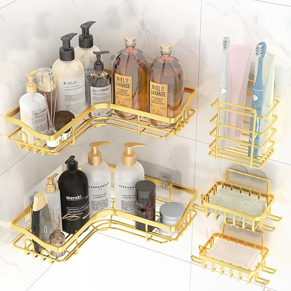 Bathroom stars Gold Corner Adhesive Shower Caddy，Rustproof Stainless Steel Corner Shower Shelves for Bathroom Kitchen, No Drilling Wall Mounted Shower Rack for Inside Shower, 5 Pack