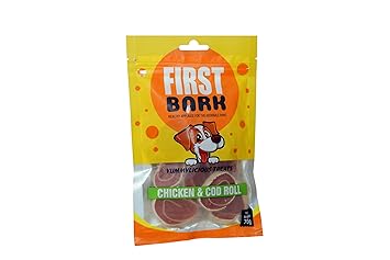 FirstBark Chicken Jerky Dog Treats, Human Grade High Protein Chicken, Fully Digestible Healthy Snack & Training Treat, Free from by-Products & Gluten, Chicken & Cod Roll (3 X 70g)
