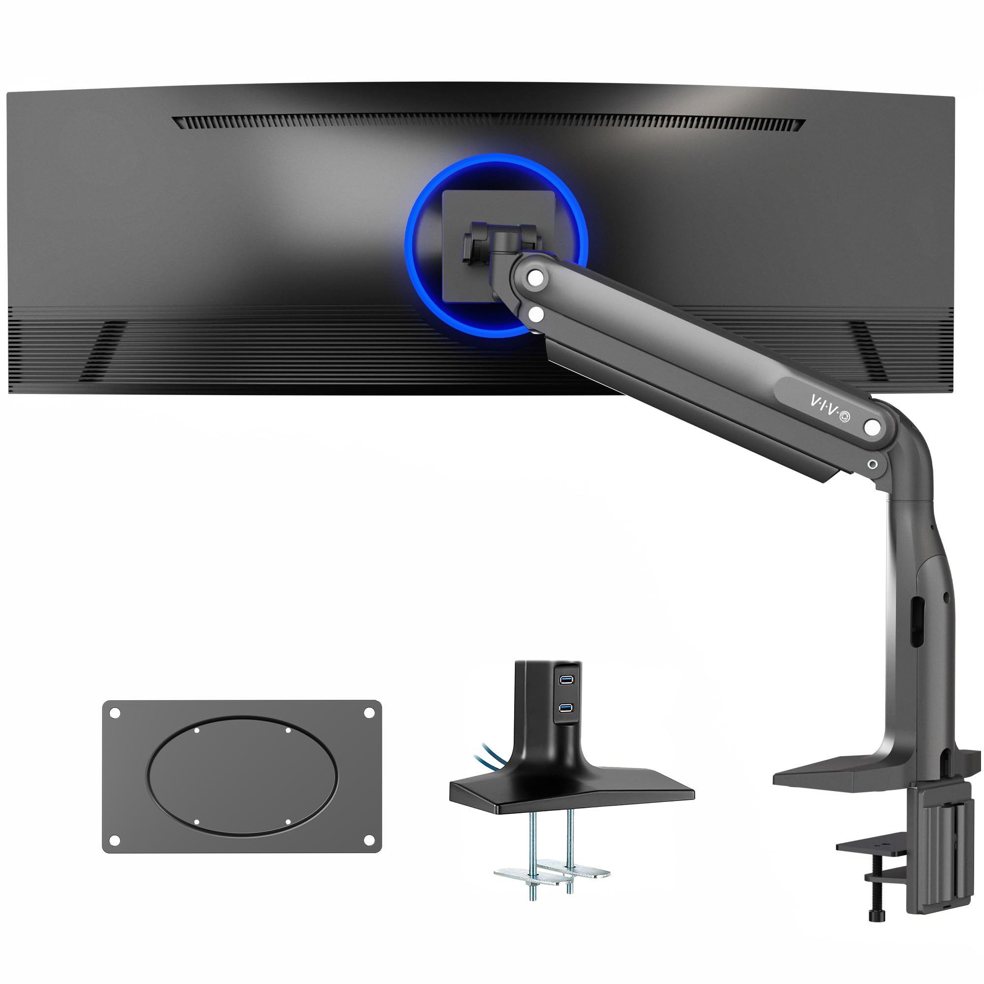 VIVO Support d'écran ultra large en aluminium, classique + USB, convient aux écrans jusqu'à 49", bras pneumatique articulé unique, ports USB, pince en C et support de bureau, VESA max 200 x 100, noir