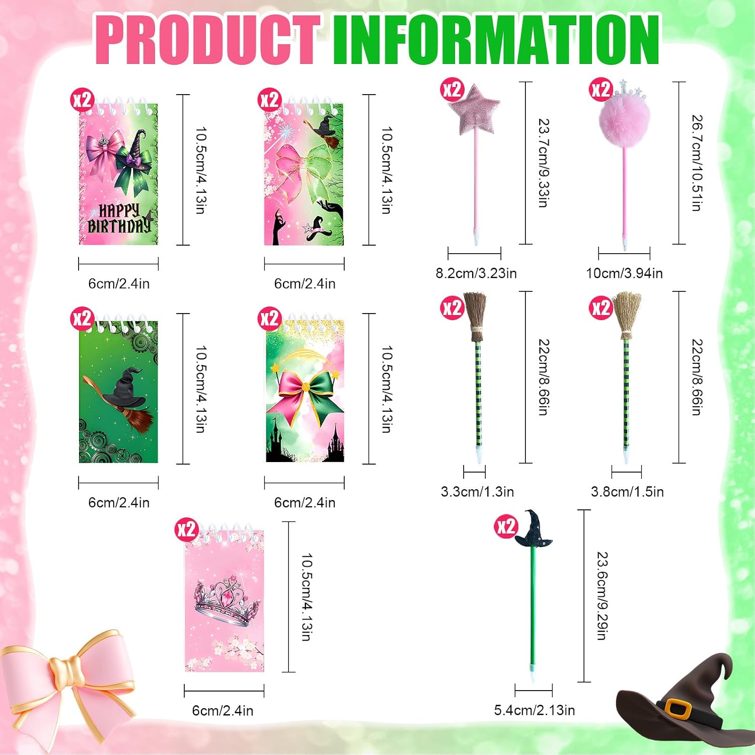 20 Pcs Princess and Witch Party Favors, 5 Styles with Pom Pom, Star, Bamboo Design Pens, 5 Styles Pink and Green Top Spiral Notebook Gifts for Women Witch Party Supplies image 2