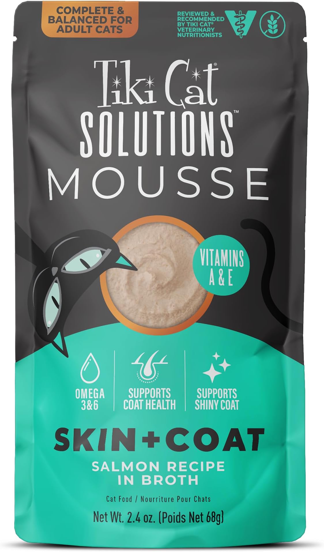 TIKI PETS Cat Special Mousse Wet Cat Food Function Formula Skin & Coat Salmon Recipe in Broth 12 Pouches, 2.4oz