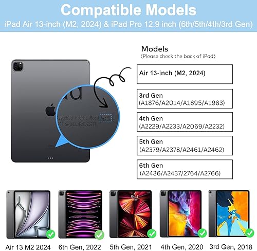 Vista 27 de Funda con teclado táctil para iPad Air 13 M2 2024, iPad Pro 12.9 con teclado de 6ª/5ª/4ª/3ª/3ª generación, trackpad, rotación de 360°, cubierta