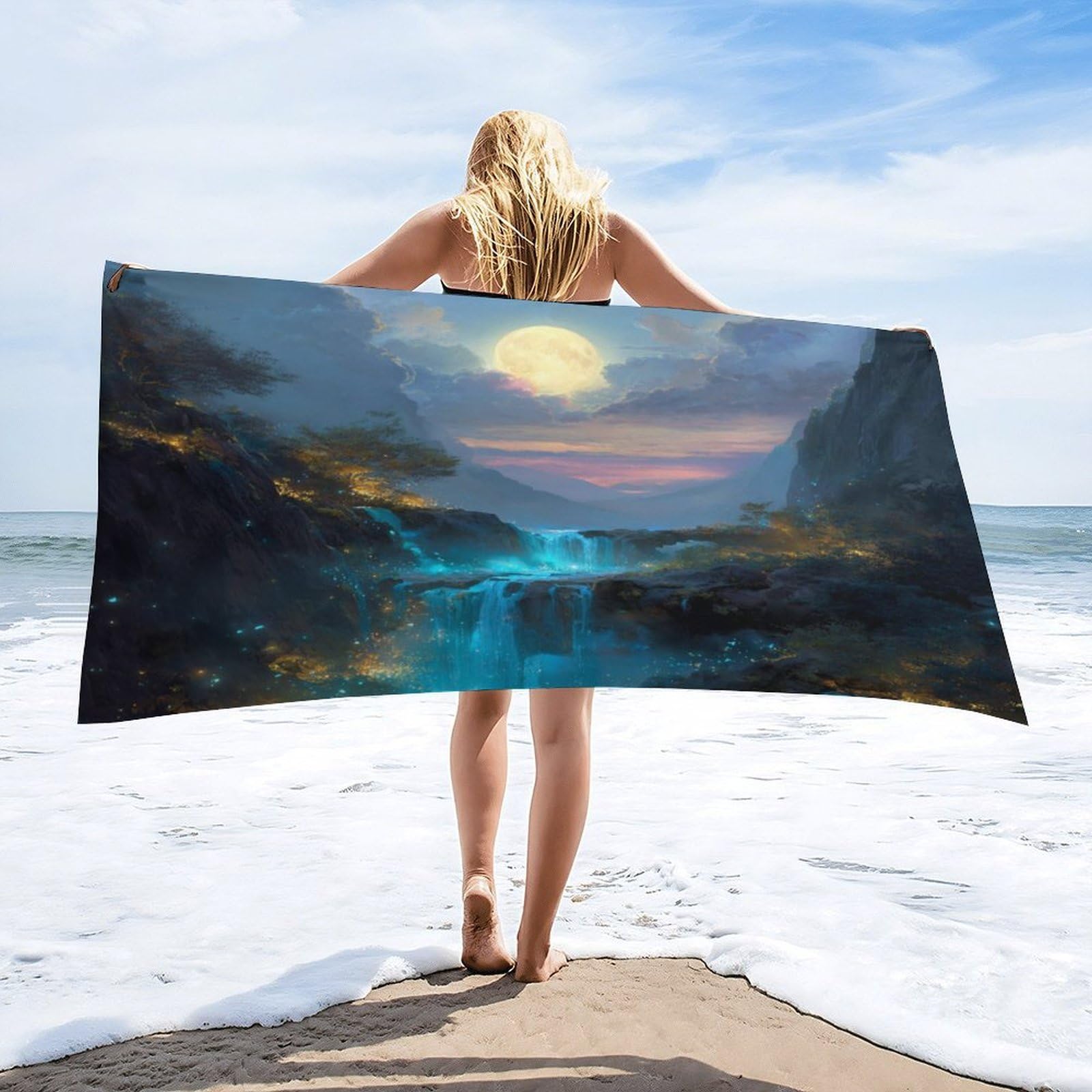 Luyysky Classic Romantic Fairy Waterfall Absorbent Beach Towel, Rustic Watercolor Full Moon Enchanted Forest Pattern Outdoor Single-Sided Velvet Beach Towel-80 W Cm X 160" L Cm