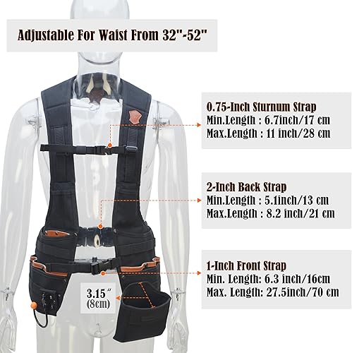 Miniatura 9 de WELKINLAND Top-G - Chaleco de herramientas de cuero para hombre, electricista, construcción y carpinteros con múltiples bolsillos, Negro -, Grande