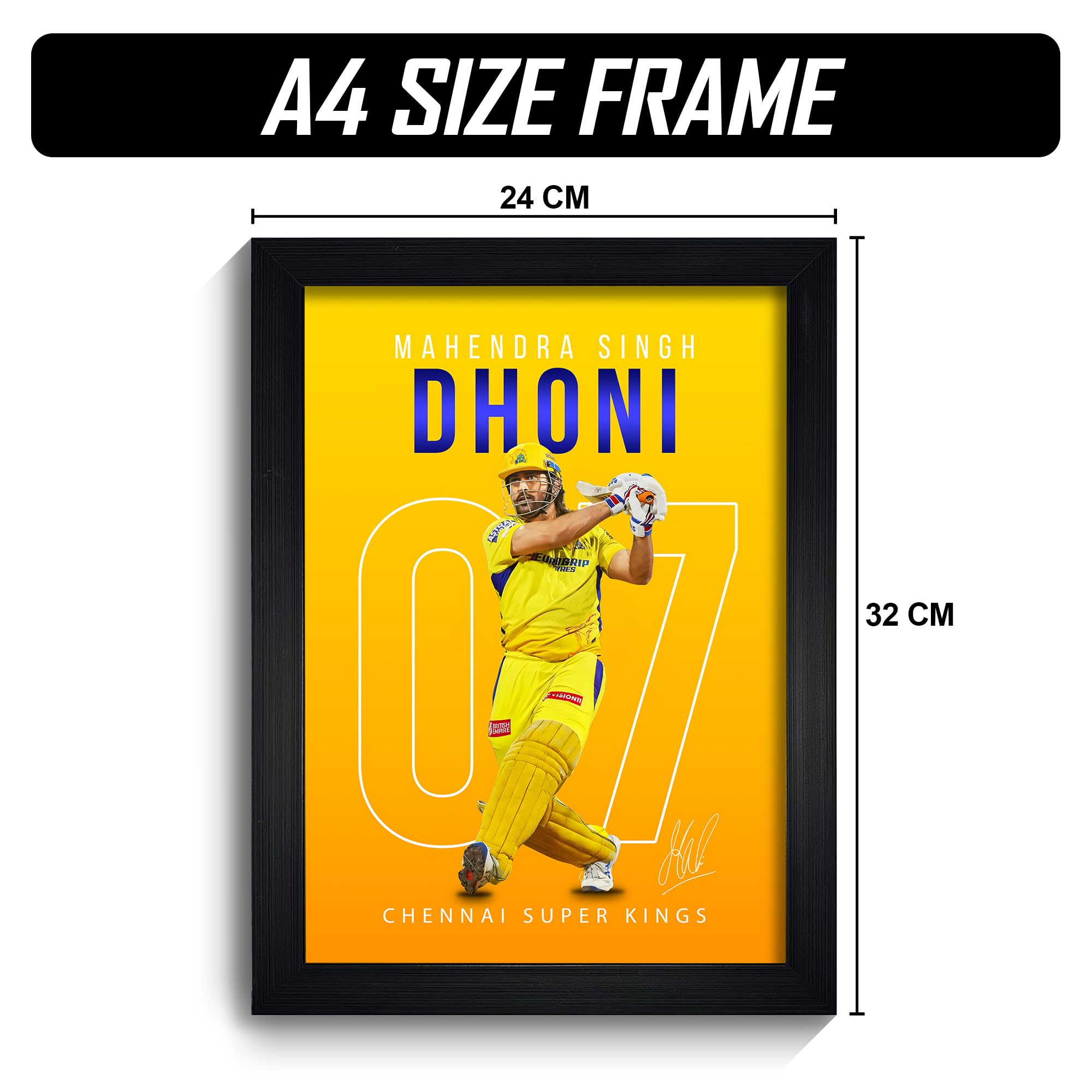 MODERN GALLERY MART MS Dhoni CSK Poster with Frame | A4 Size Cricket Wall Art | MS Dhoni Photo Frame | Chennai Super Kings Wall Decor for Bedroom, Office & Cricket Fans