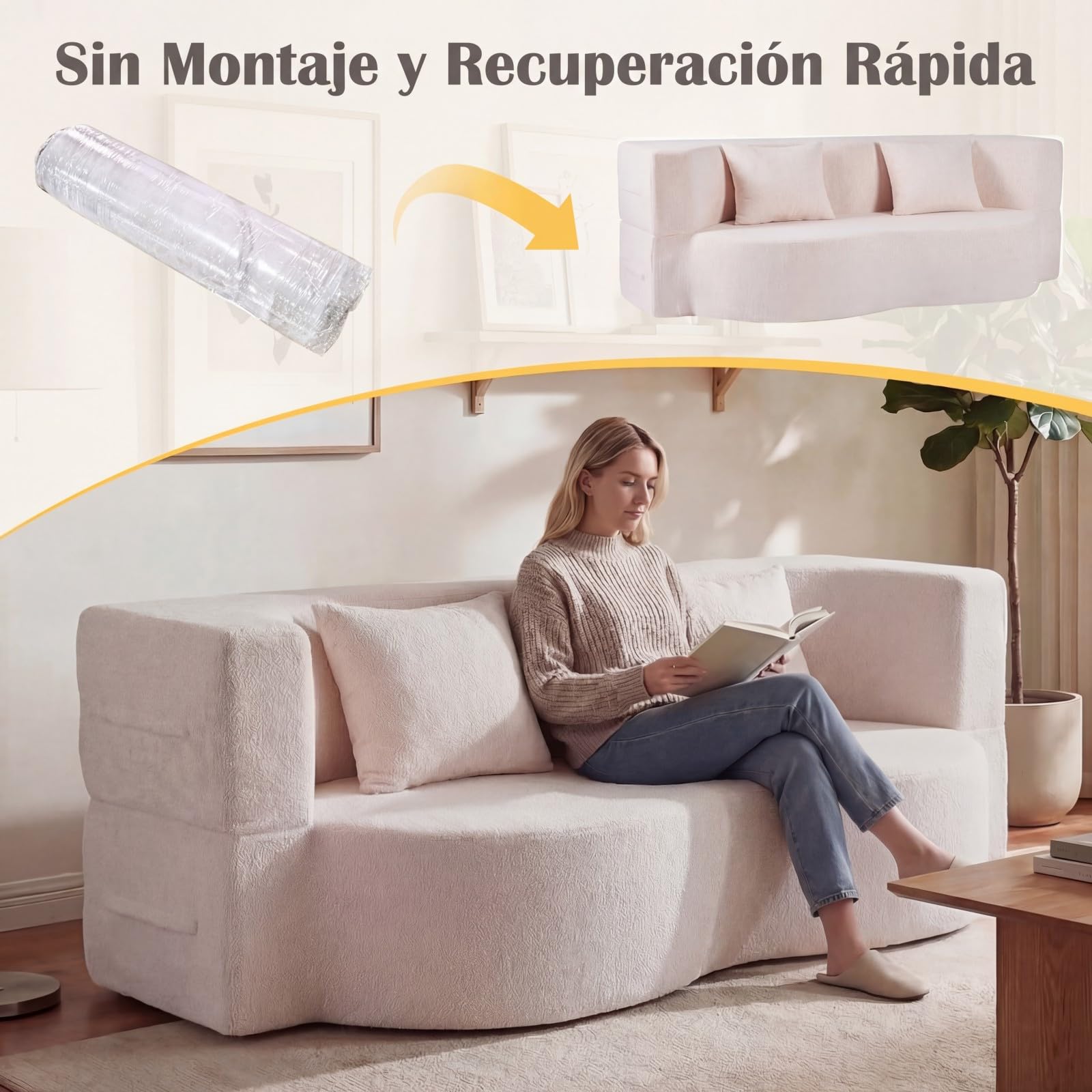 COSTWAY Sofá Cama de 2 Plazas, 192,5 cm, Sofá Convertible en Cama 2 en 1 de Tela de Polar Teddy con 2 Almohadas, sin Montaje, Sofa Comprimido de 2 Plazas sin Marco para Salón Cuarto Invitados (Blanco)