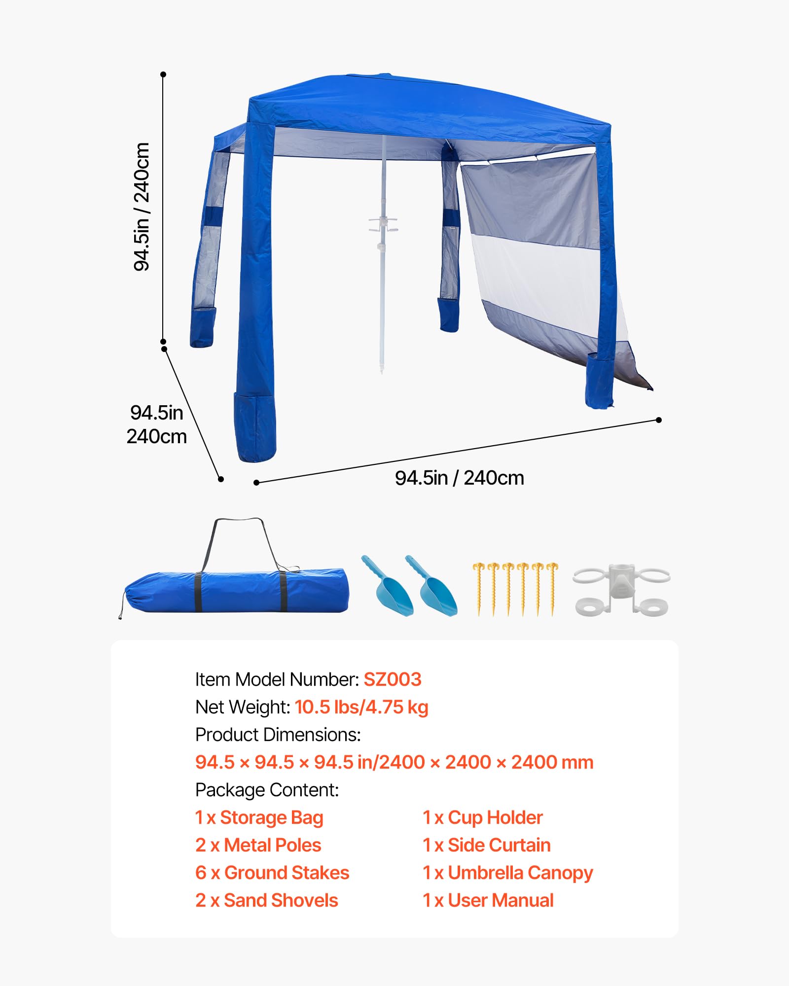 VEVOR Cabaña de Playa 2,4 x 2,4 m, con Pared Lateral, Protección Solar UPF 50+, con Sacos de Arena, Toldo Ajustable en Altura y Portátil para Disfrutar en Familia o con Amigos, Azul Marino Liso
